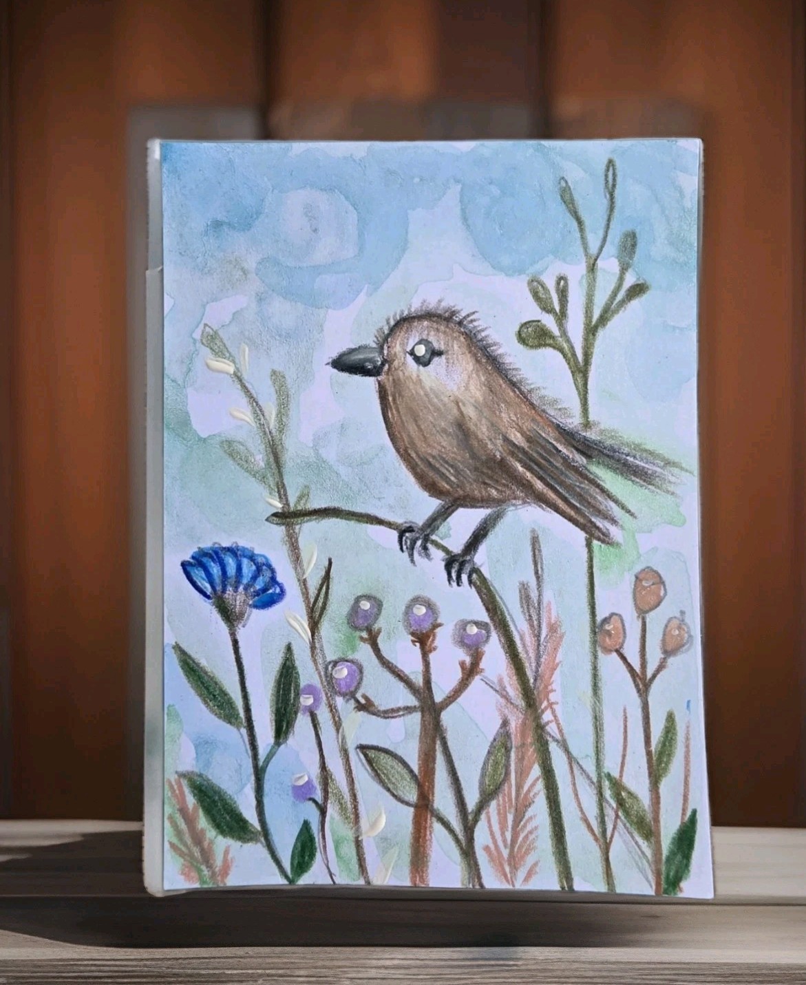 ACEO Original Pencil Mixed Media Painting 2.5 x 3.5 in. «Whispers in the Field».