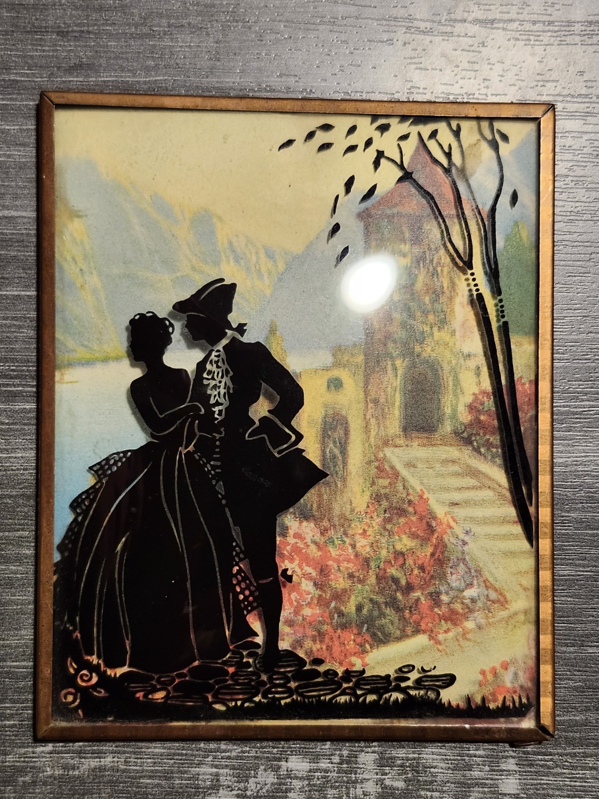 Victorian Silhouette Reverse Painting Bubble Glass Art 4″X5″ Copper Frame