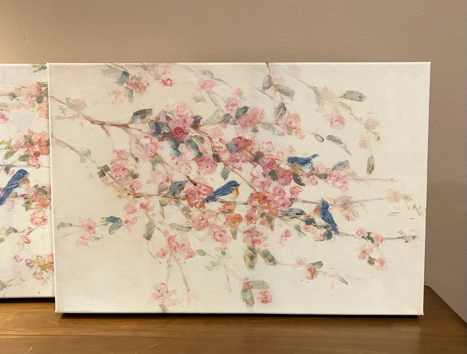 Set of 2 Canvas Art Blue Birds On Cherry Blossom Branches 18” X 12” NEW