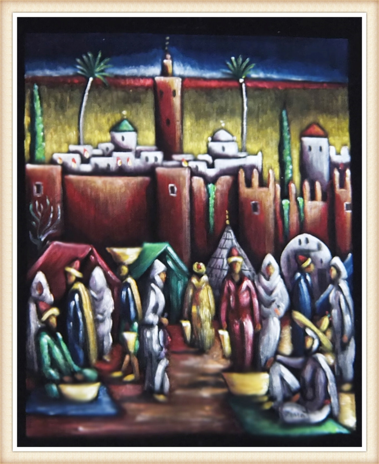 Large Original Painting Old Moroccan Medina Souk Kasbah Unframed.