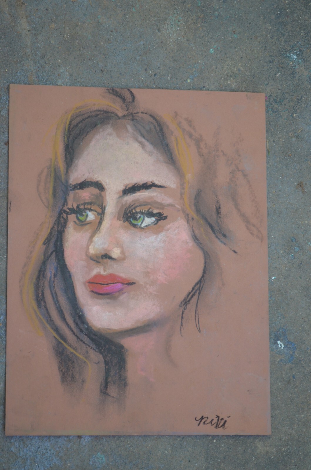 Pastel Portrait Woman Original Art Pastel on brown paper signed 9×12″