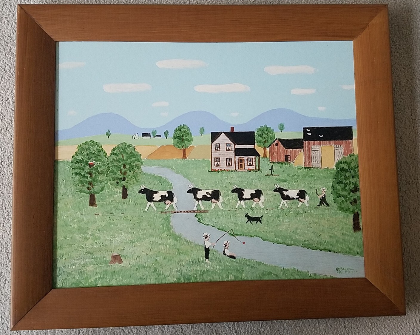 Harold Everett Bayer, Toldeo Ohio painting primitive folk farm landscape cows