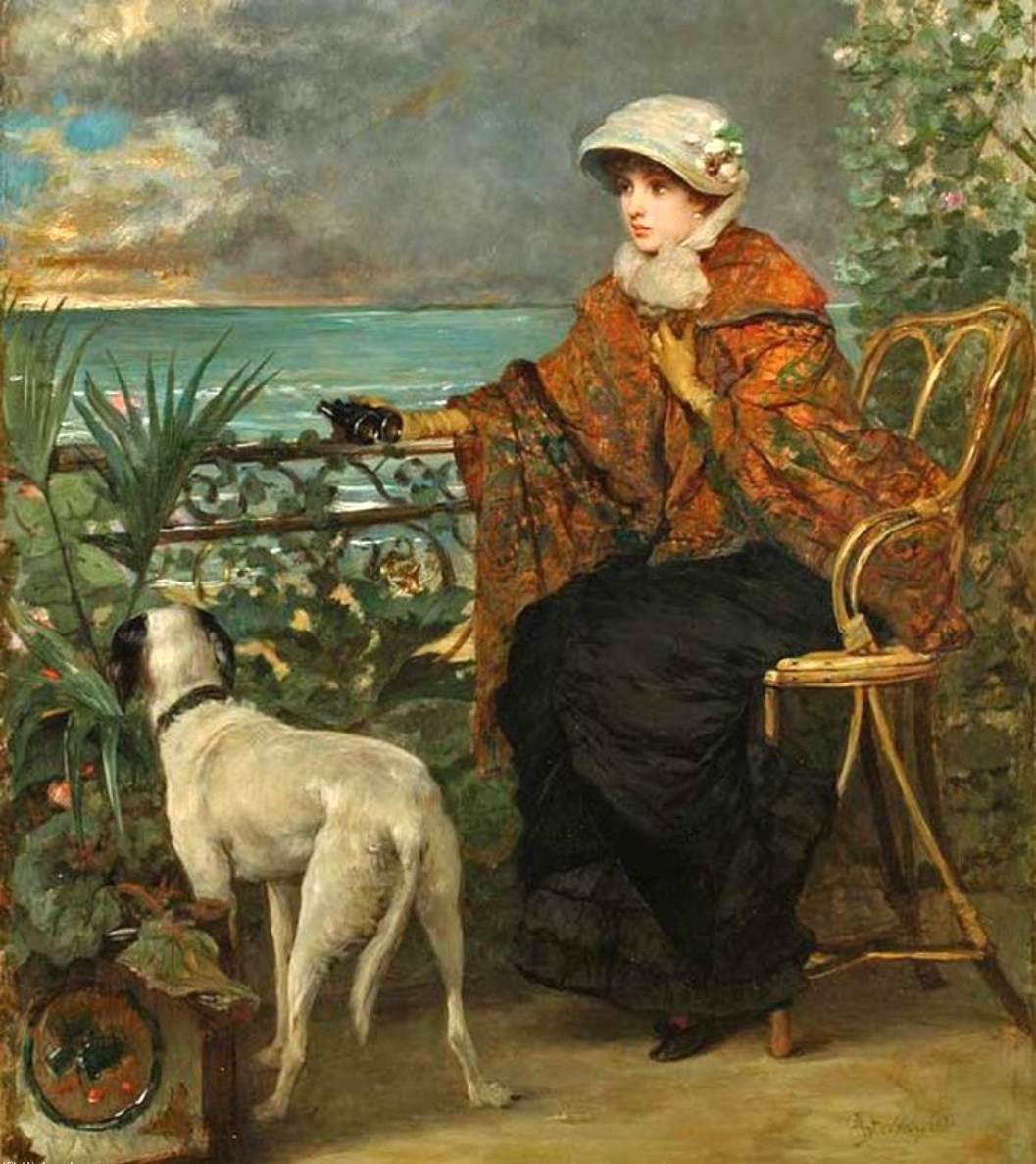 Oil painting Alfred-Emile-Leopold-Stevens-Lady-with-a-Dog lady dog in landscape