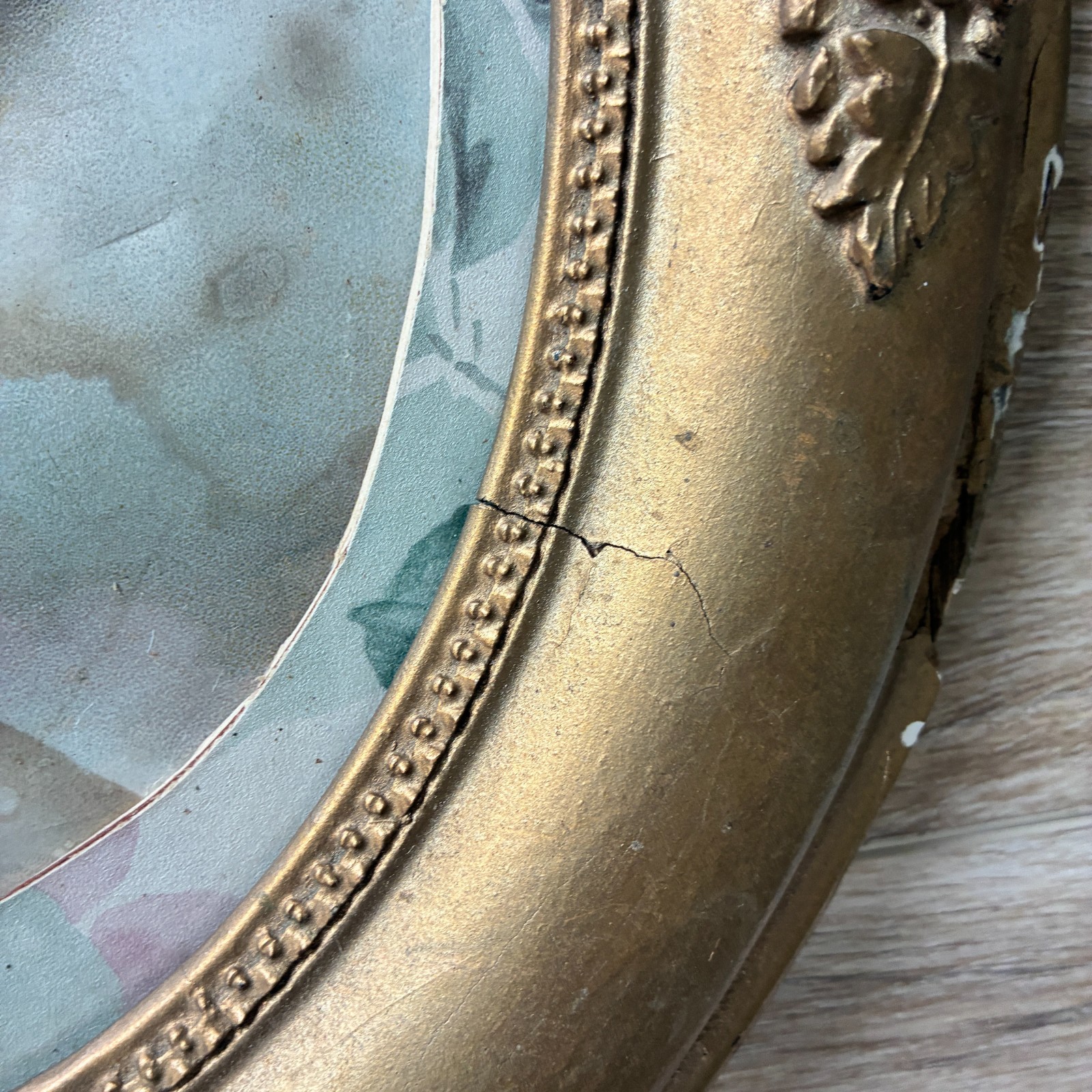 Antique Victorian Oval Woman Portrait Print Ornate Frame Gold Painted Wood Litho