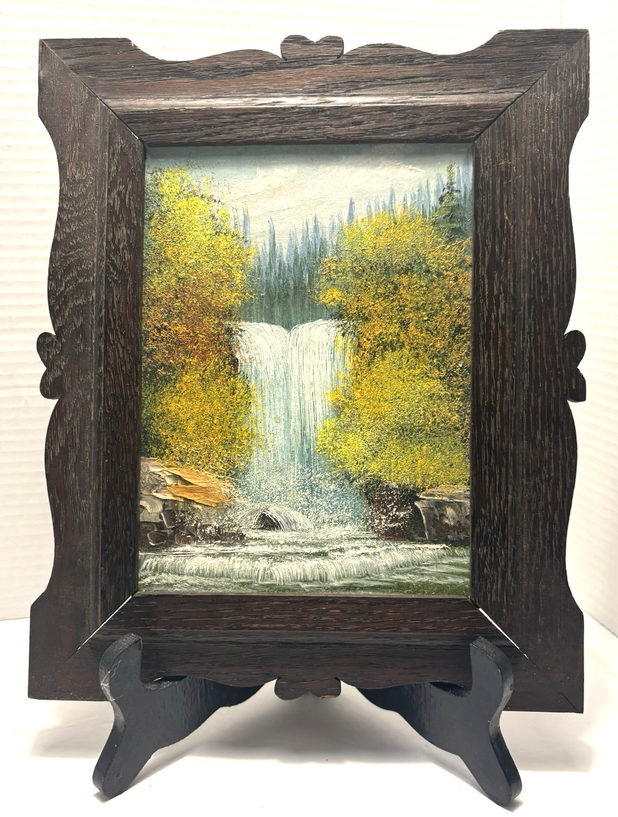Waterfall Painting / Tramp Art Frame / signed Ludmila Syrova / 9 x 11.25 inches