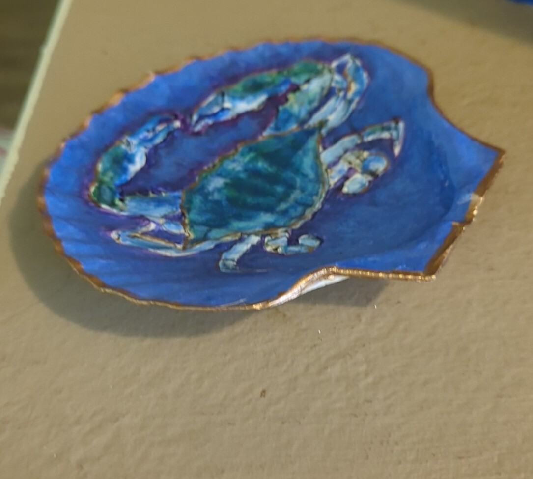 Hand Painted Art Blue Shell Crab on Scallop Seashell RAMFISH Artist