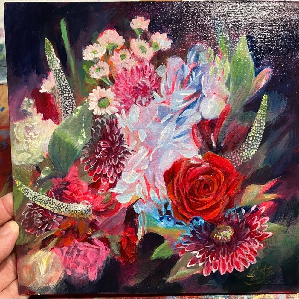 Original painting blue ladybug bouquet flower art floral still life surrealism