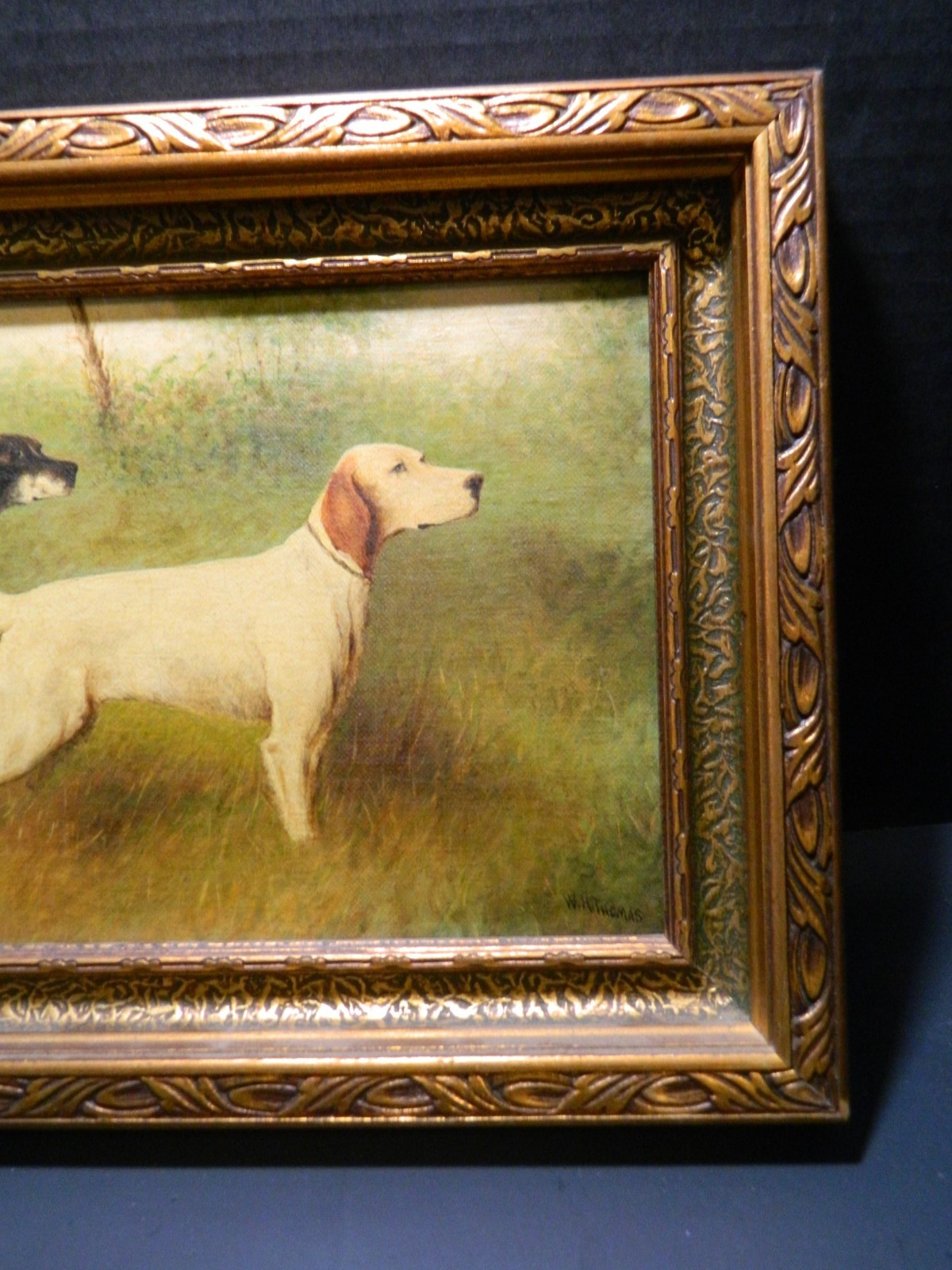 Antique Framed 2 English Pointers Oil On Canvas Signed W.H. Thomas 14.75″ VG