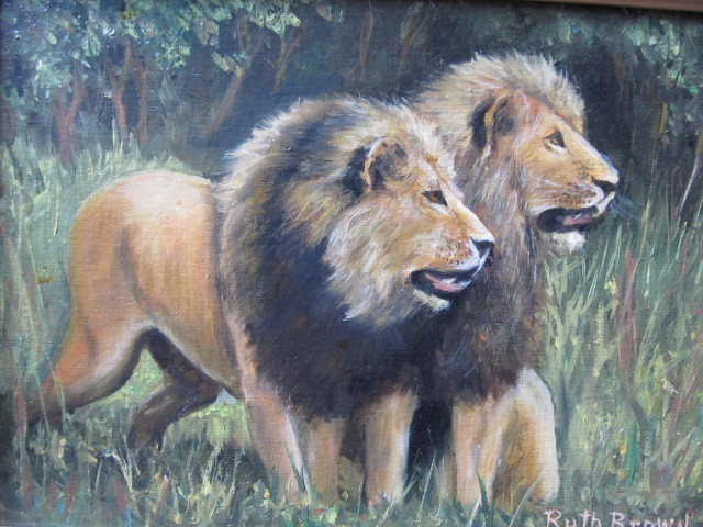 LION OIL PAINTING 70’S SIGNED TWO LIONS CAT JUNGLE