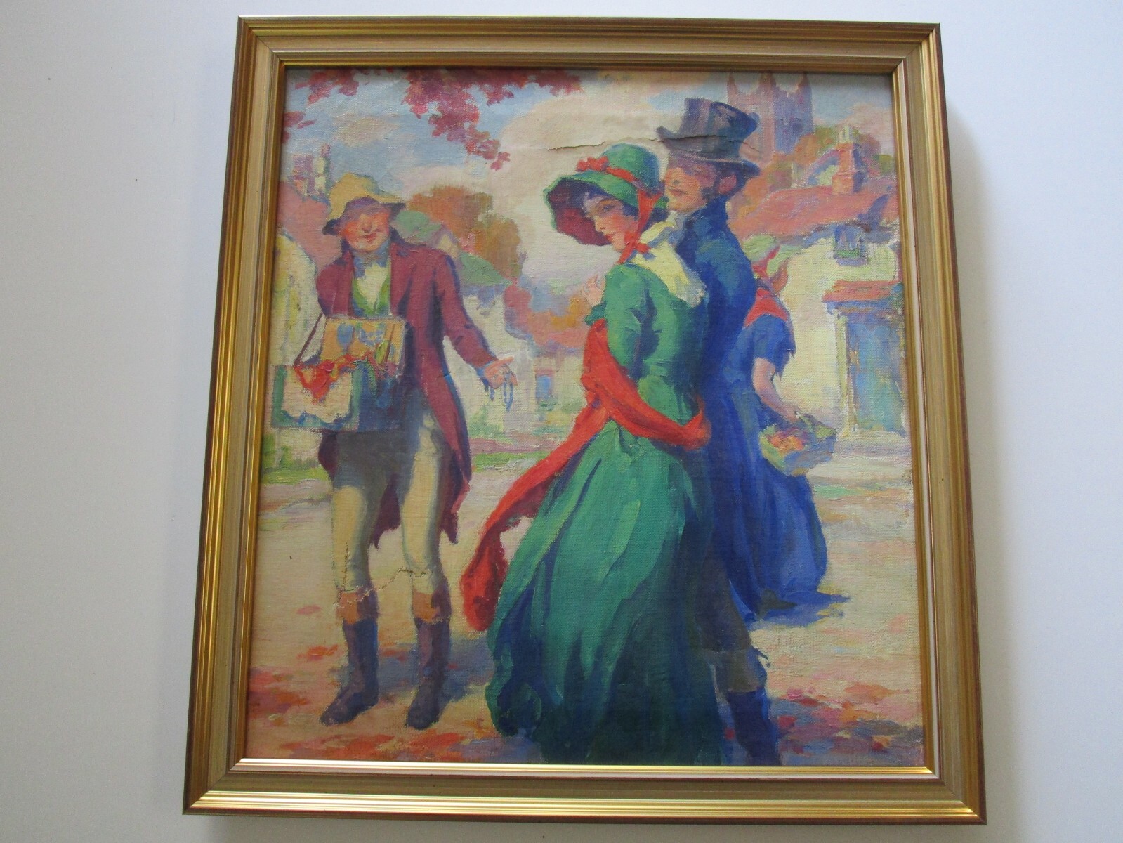 Antique Original Painting Illustration Portrait Village Landscape Vintage Old