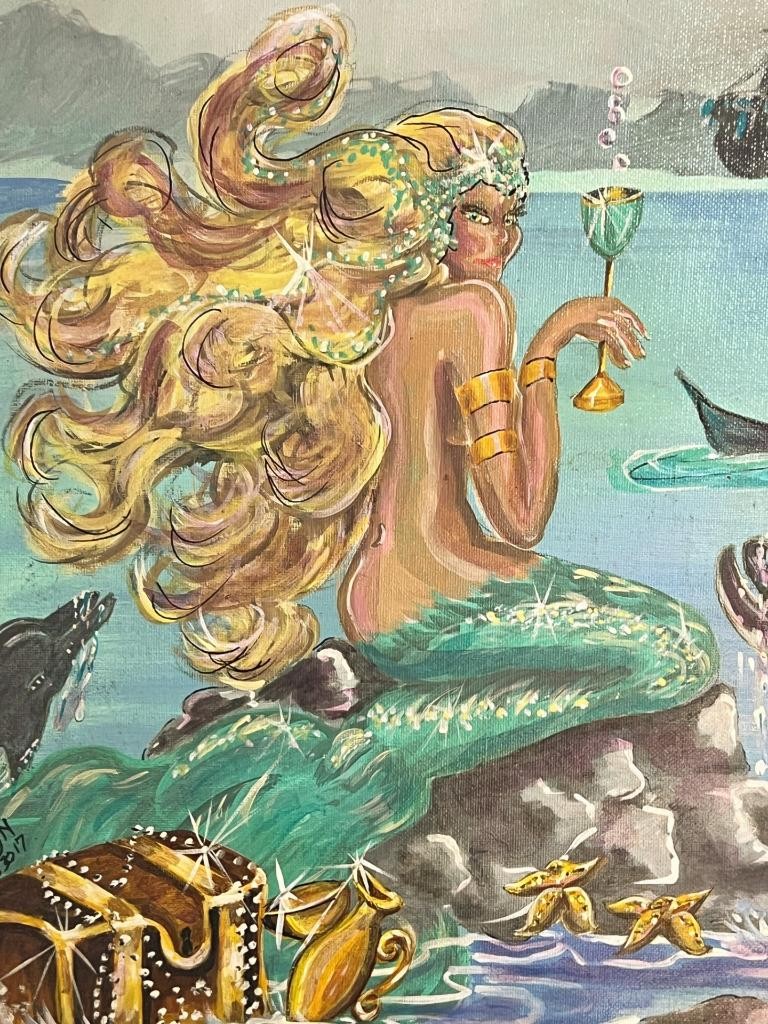 Vintage Nautical Coastal Beach Landscape Seascape Oil Painting Mermaid Dolphins