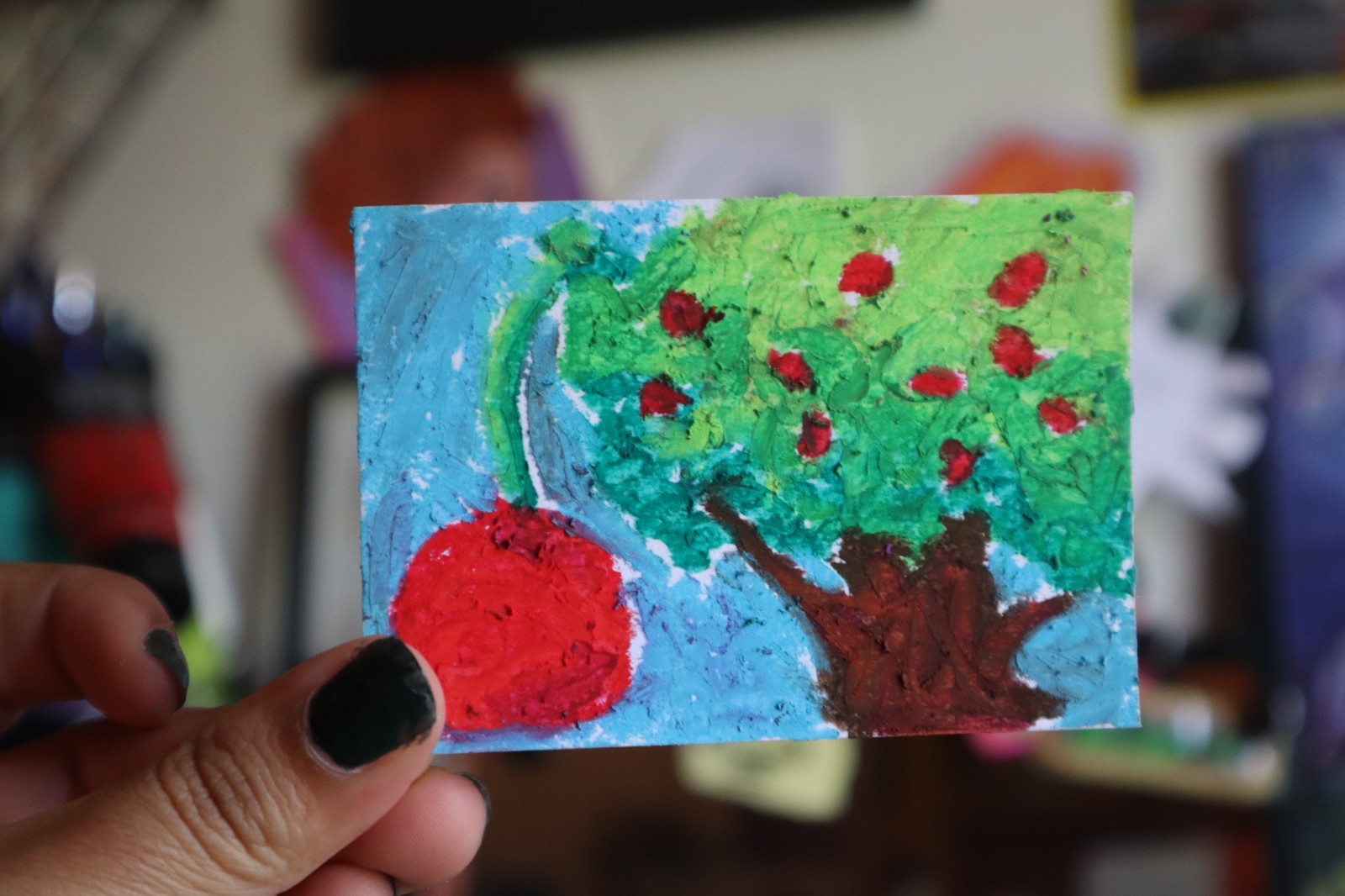ACEO original art botanical fruit impressionism 2.5×3.5 oil pastel «Fruit Tree»