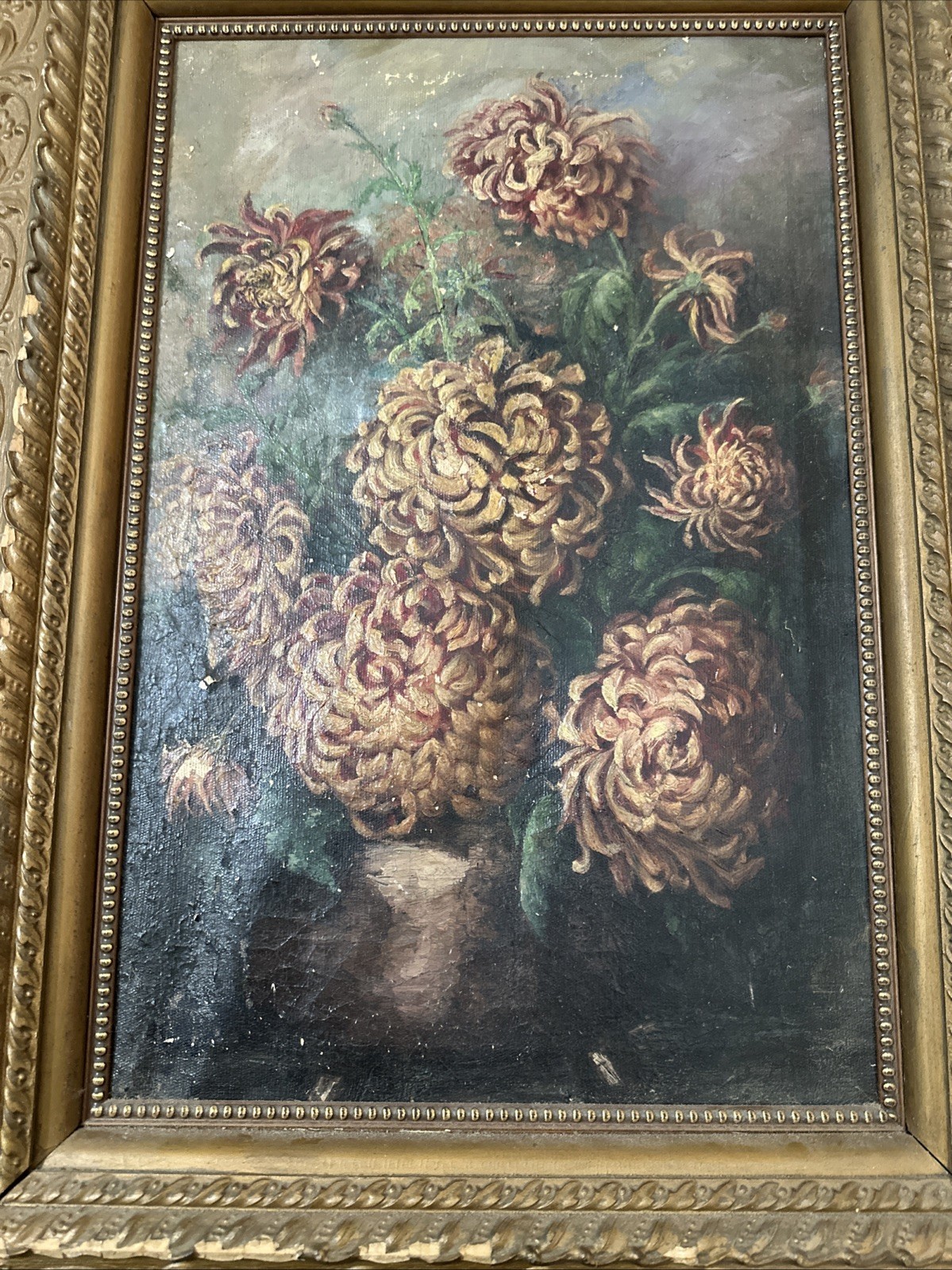 Antique Victorian Floral Still Life chrysanthemums O/C
