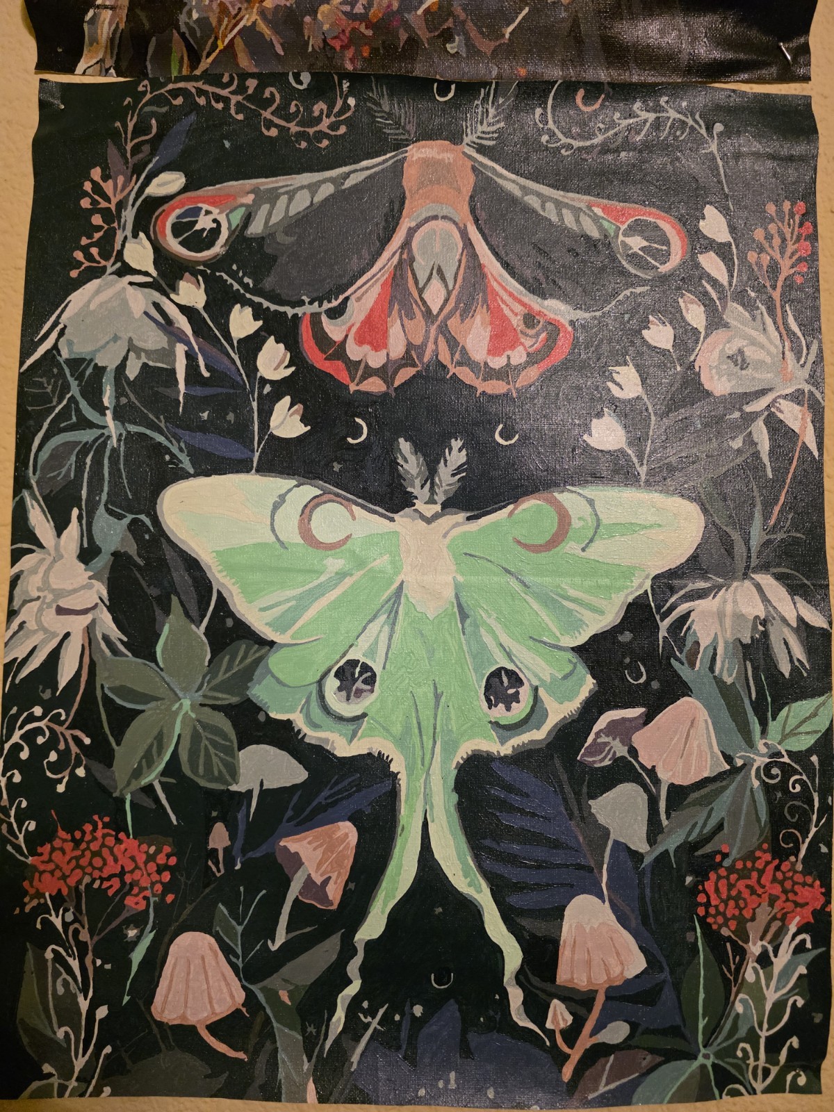 Hand-Painted Luna Moth Artwork Completed Paint by Number Botanical Wall Art