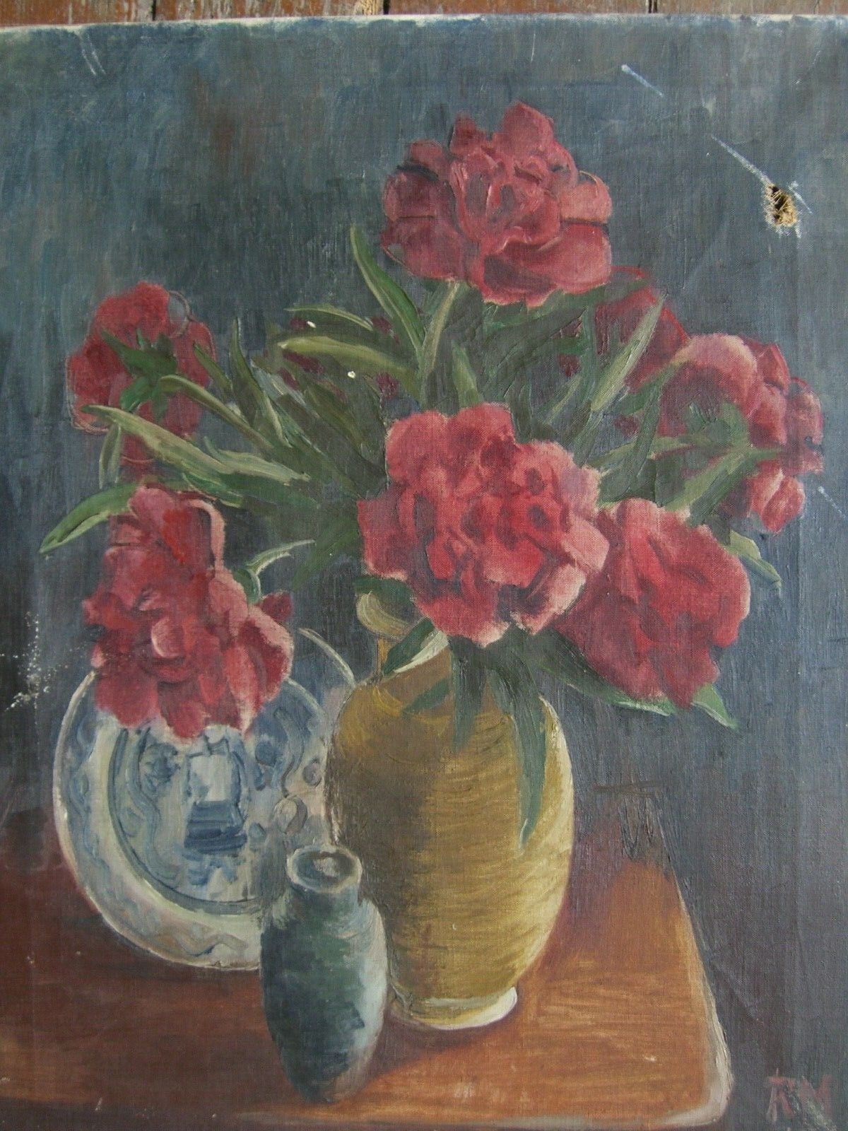 Still Life Peonies for Arranging Monogram 1943 Flower Vase Blossoms Oil