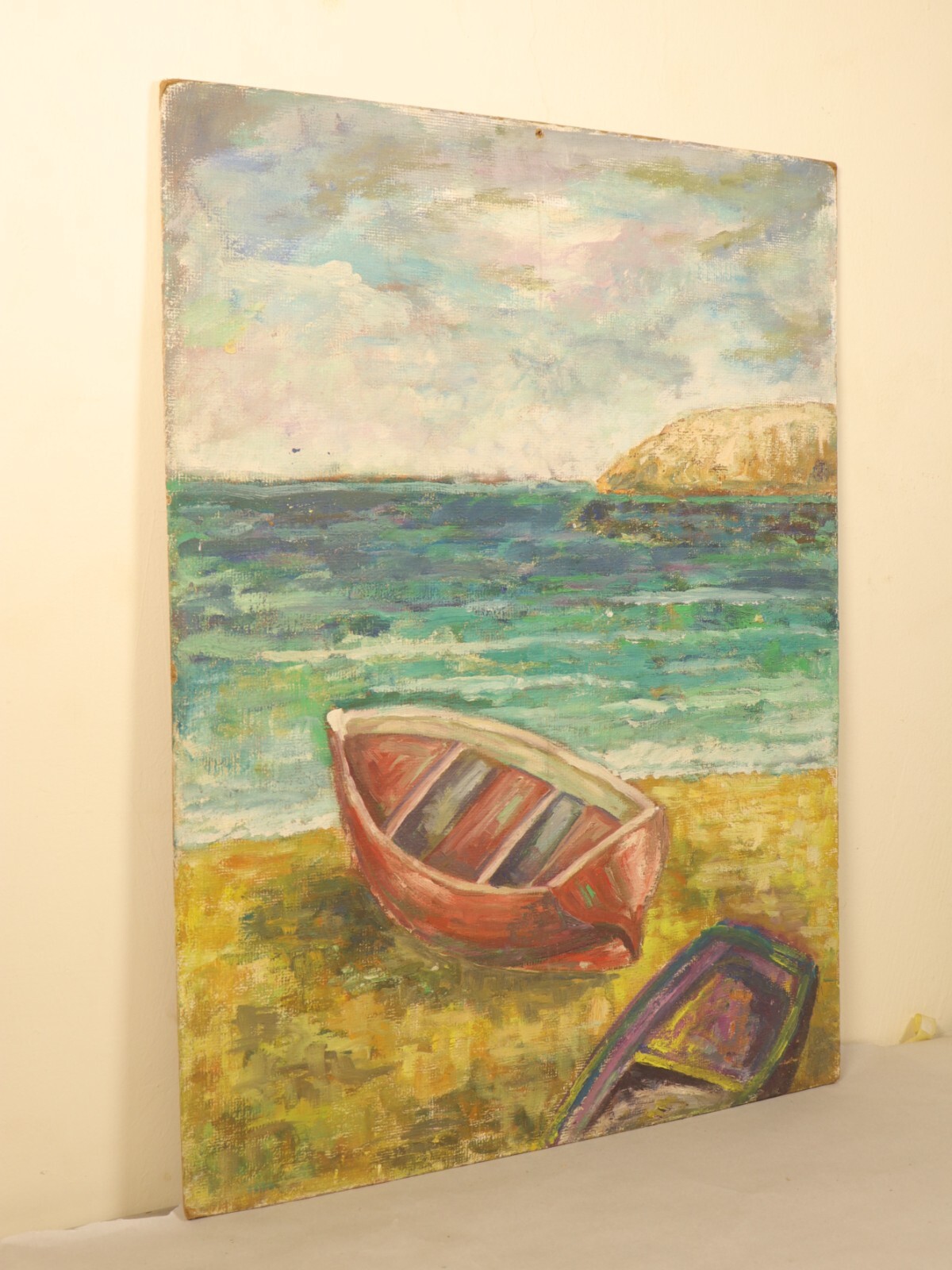 Seaside Tranquility Rare Oil Painting on Canvas Boats On Shore Coastal Landscape