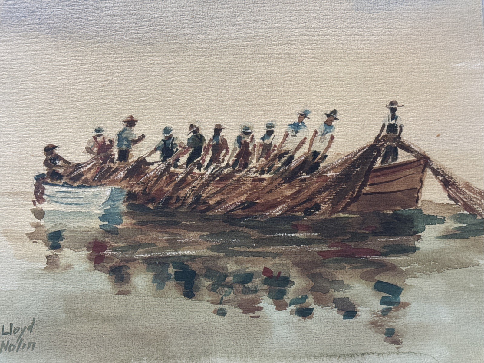 AMERICAN REGIONALISM PAINTING WPA STYLE LLOYD NOLIN FISHERMAN WORKERS FISHING