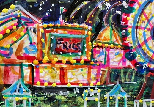 ORIGINAL ACEO Painting CARNIVAL Fair Amusement Park Ocean City Rides Fun ATC ART