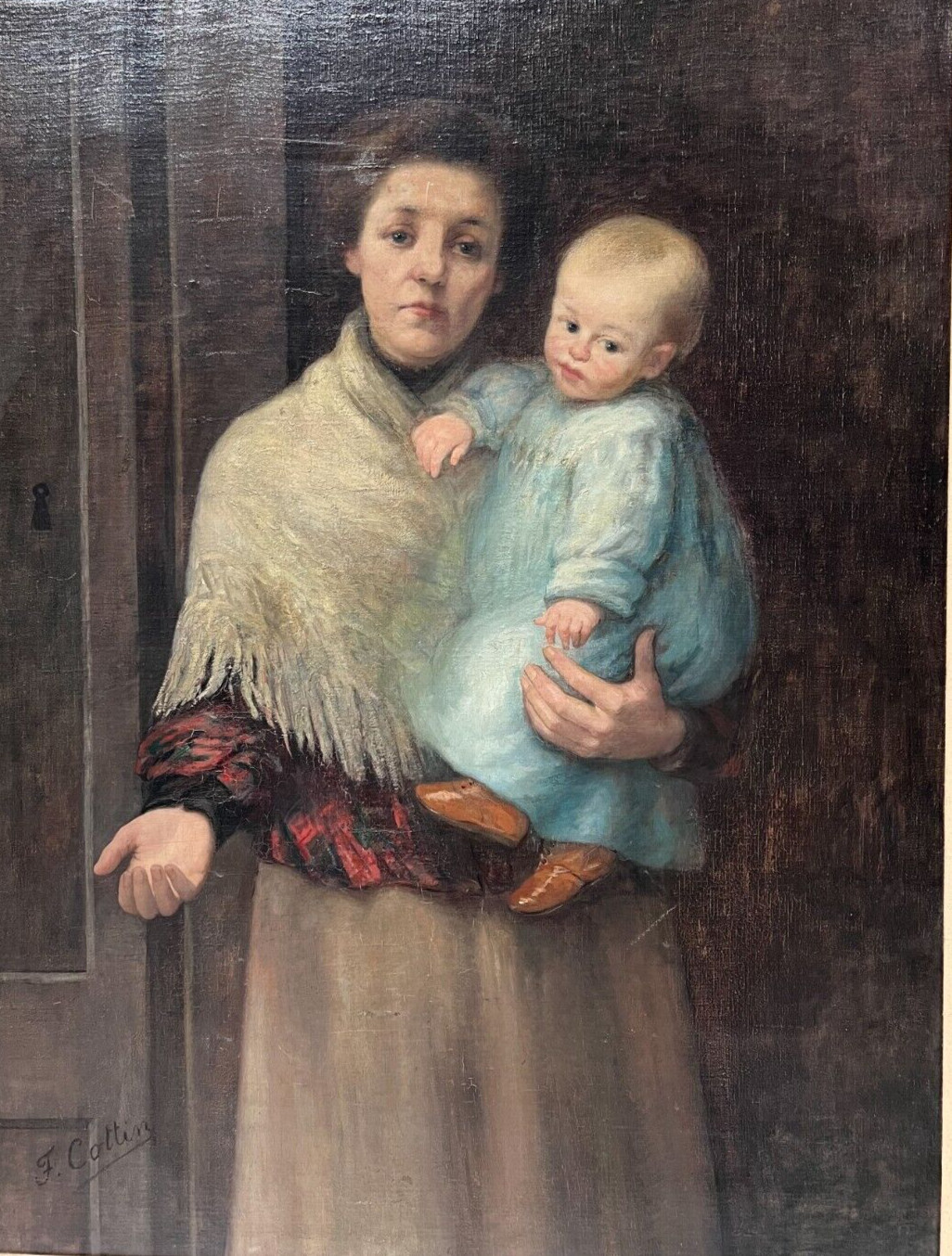 F. Cattin Oil painting on canvas, mother begging with infant late 19th c