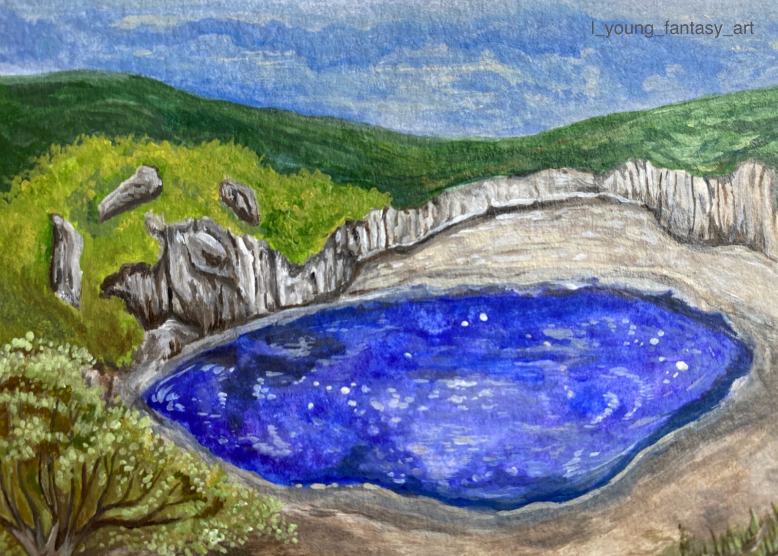 ORIGINAL ACEO ATC MINORCA SPAIN ISLAND LANDSCAPE NATURE PAINTING OOAK ART LYOUNG
