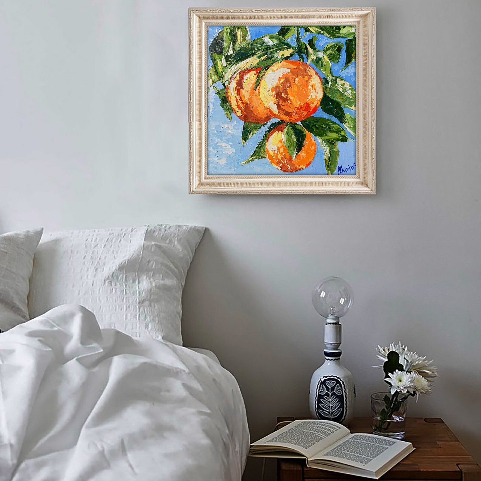 Orange Painting Tree Branch Original Art Citrus Fruit Still Life Small Vegetable
