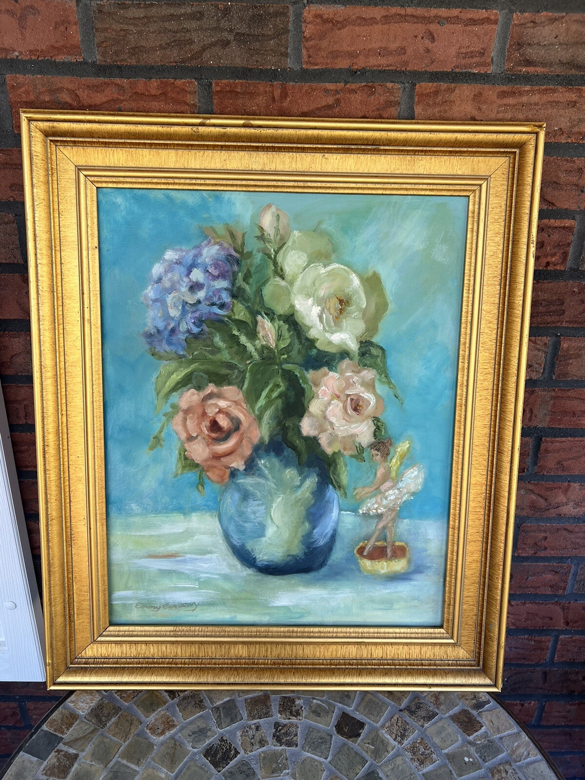 Framed 21-1/2 x 25-1/2 Oil Painting Signed Emmy Corvery Flowers Vase Angel Beaut