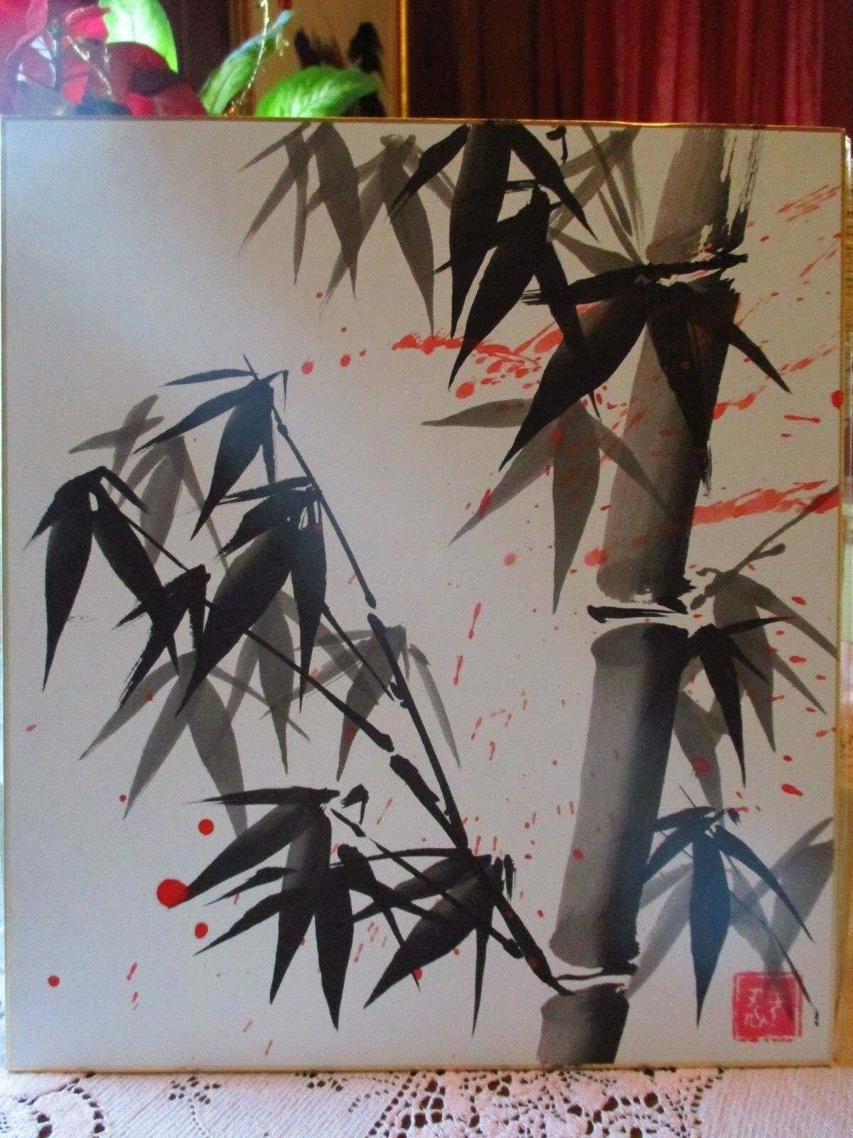 Japanese ORIGINAL PAINTING Shikishi Asian style plants bamboo Oriental love card