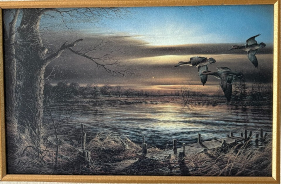 Sunset Landscape Scene With Flying Ducks Oil Painting 17 W x 13 T Nice