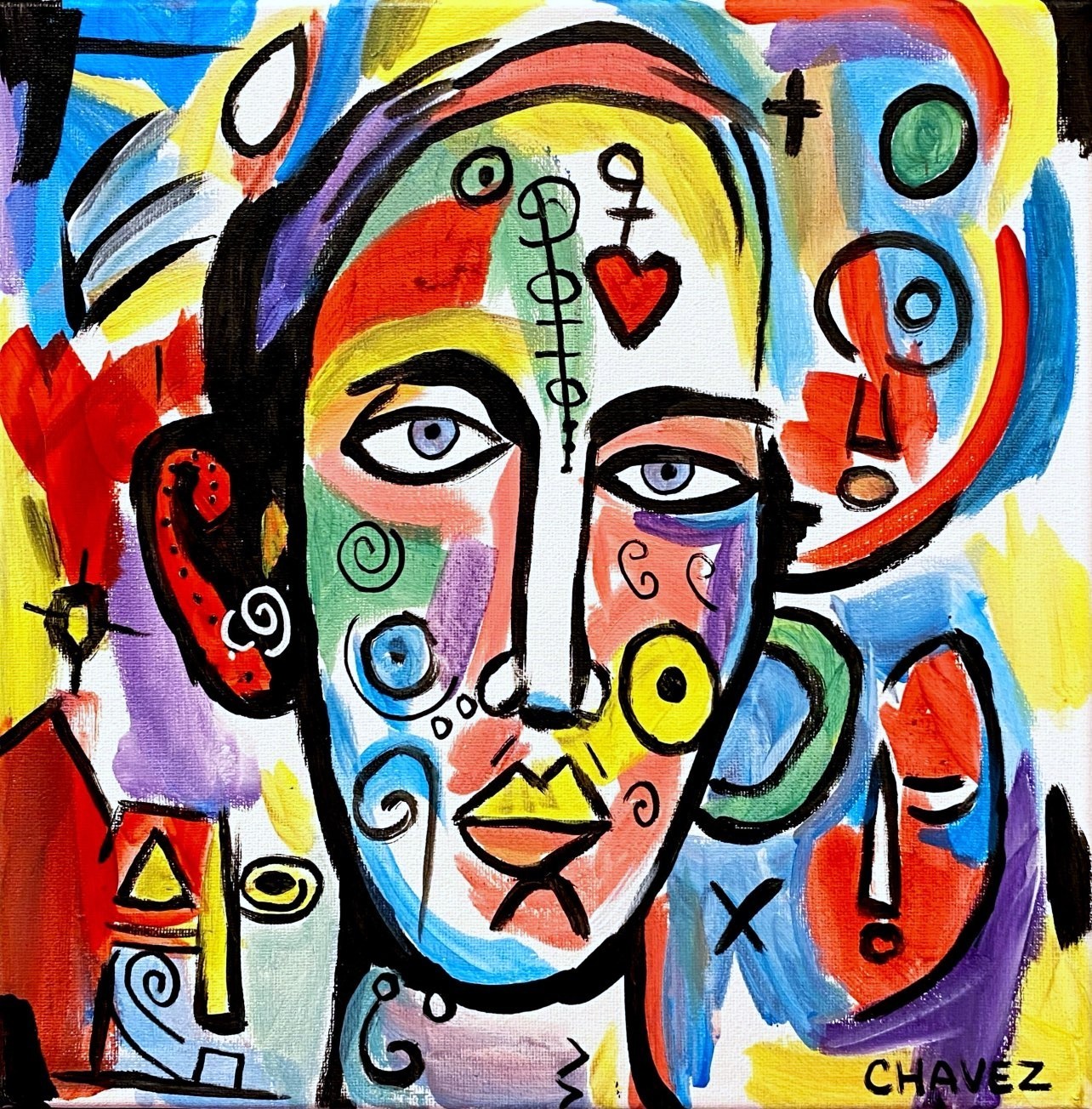 Bold Face with Color Markings – Original Neo Expressionist Painting 12×12 Canvas