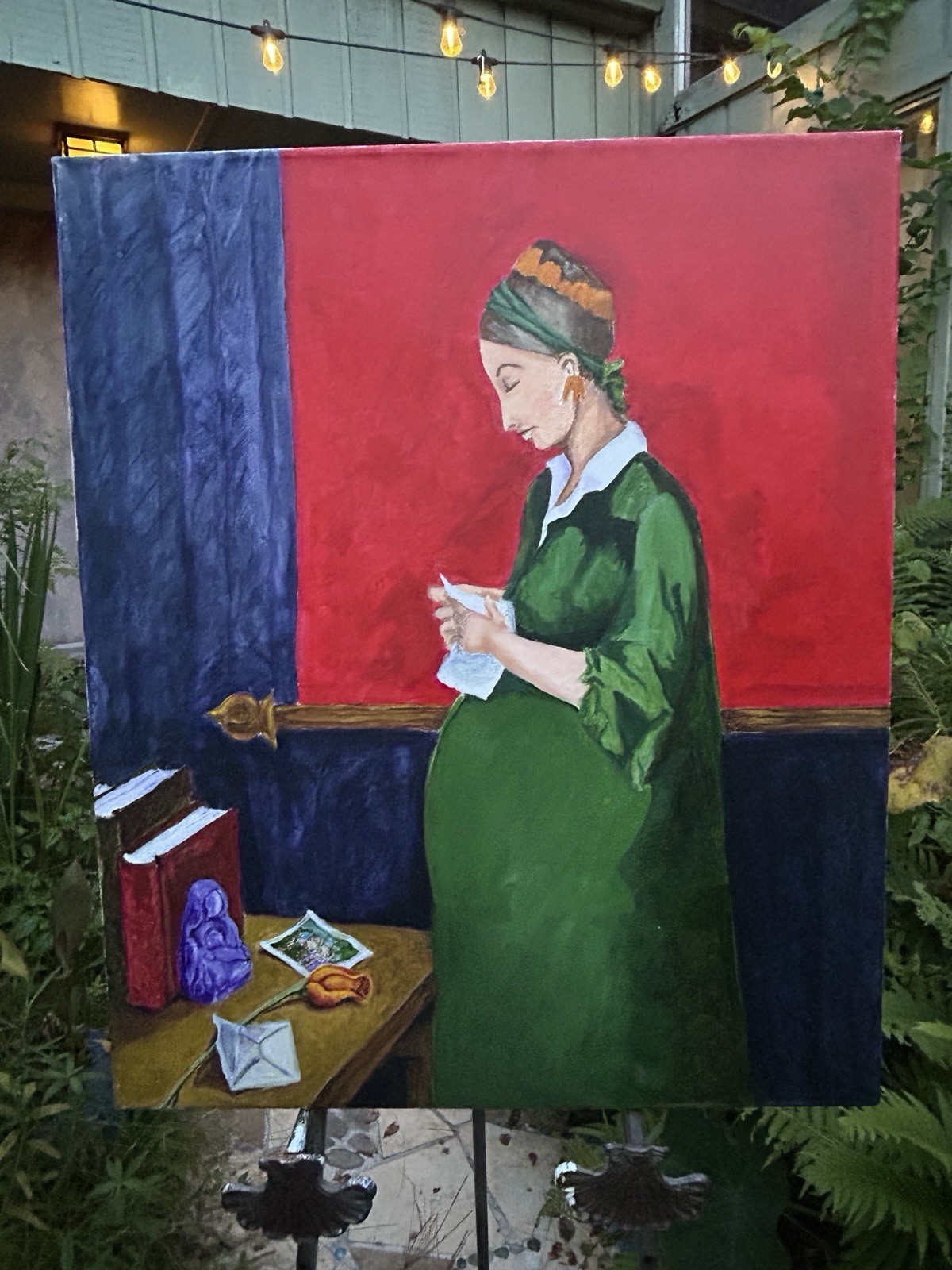 Portrait of Woman W Child Reading a Letter, Original Acrylic on Canvas, 20×24
