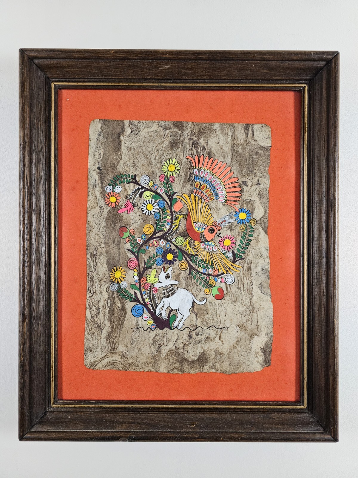 Vintage Original Primitive Painting 16.5×13.5 Framed Native Abstract Bird Art