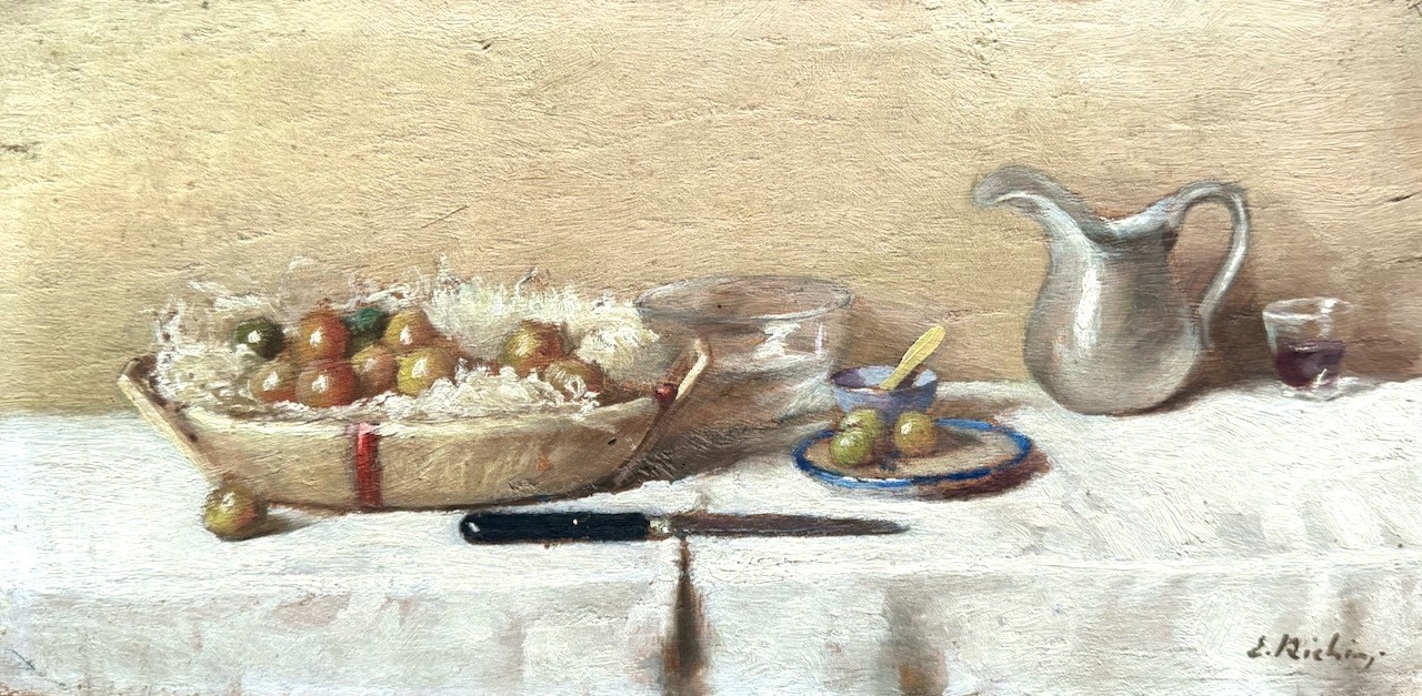 Vintage French Oil Painting Still Life Fruit Pitcher Glass Wine Knife Signed