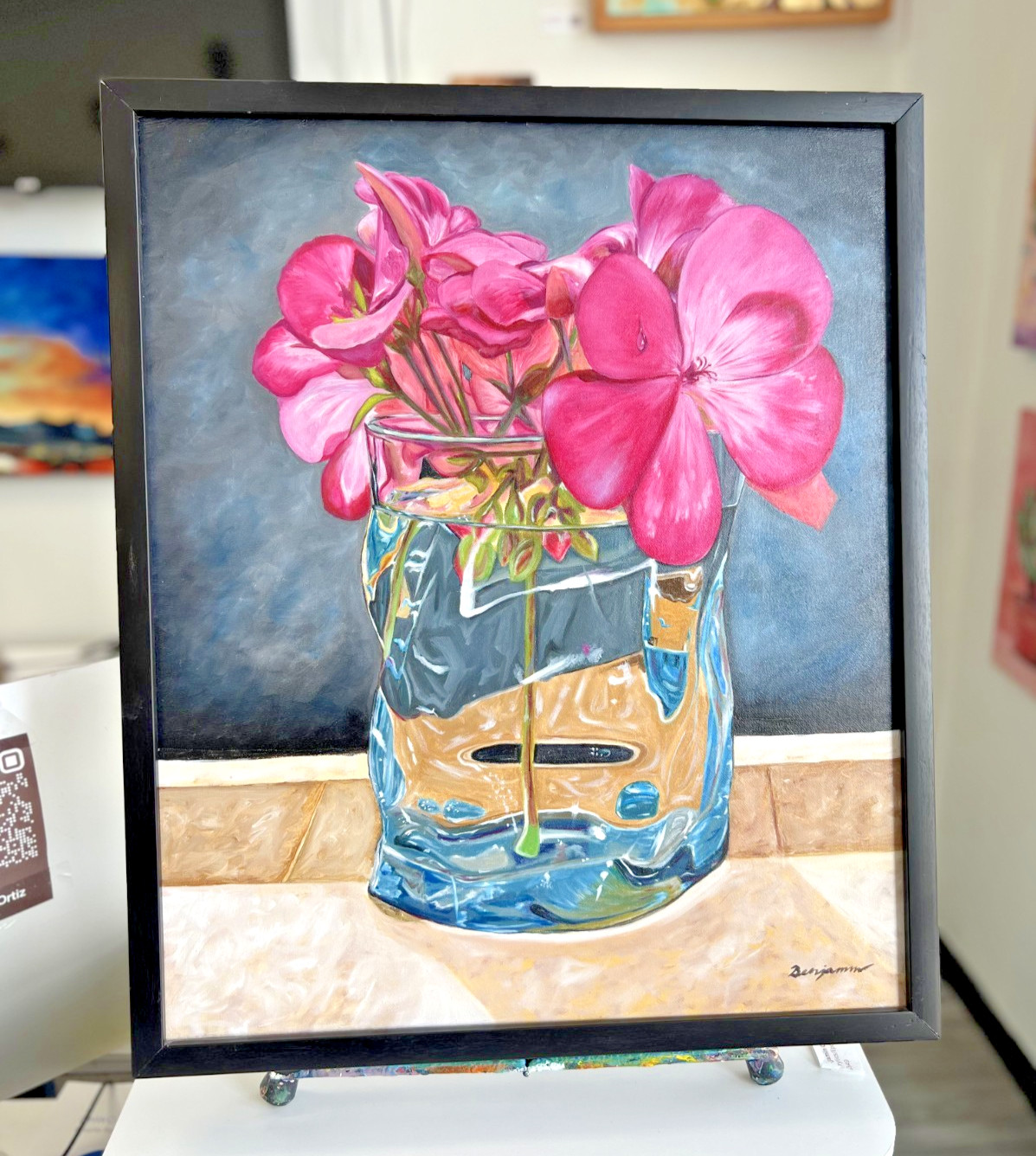 Original Oil Painting Pink Flowers in Glass Vase UNFRAMED 20×24 in