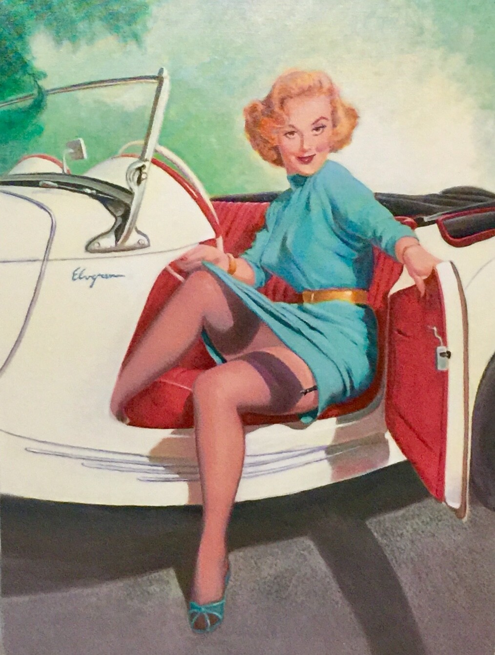 Gil ELVGREN Pinup GETTING SPOTTED Original Painting UPSKIRT Pin-Up Stockings