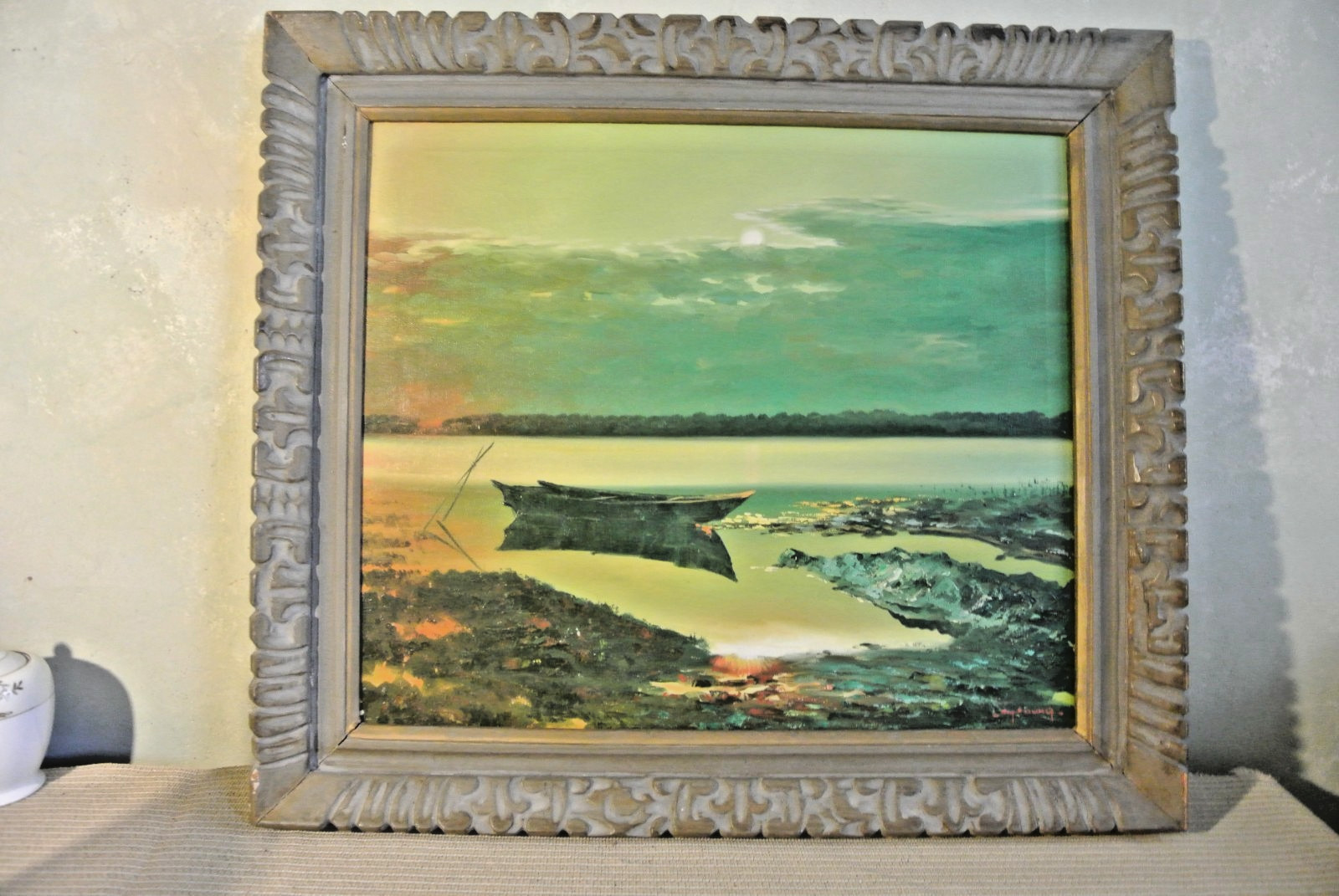 MID CENTURY MODERN CARVED FRAME OIL PAINTING BOAT SUNRISE 22 1/2″W x 26″