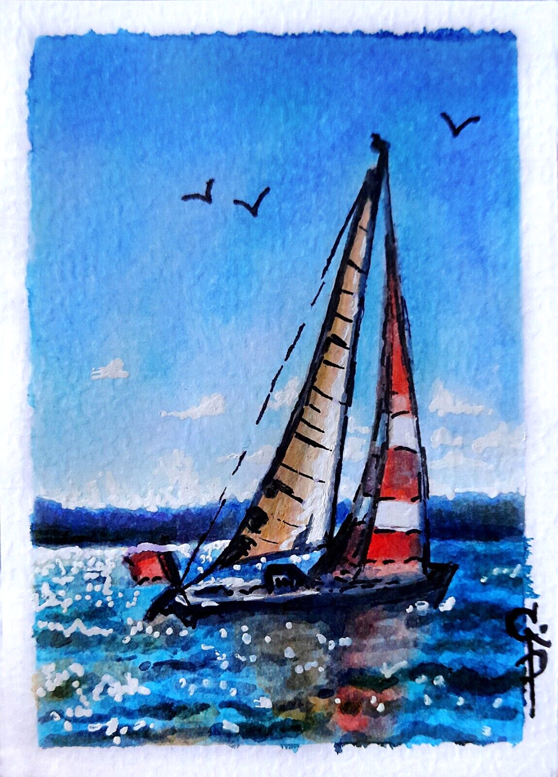 ACEO Seascape Painting Sea Sailboat Summer Original Collectible Watercolor Art