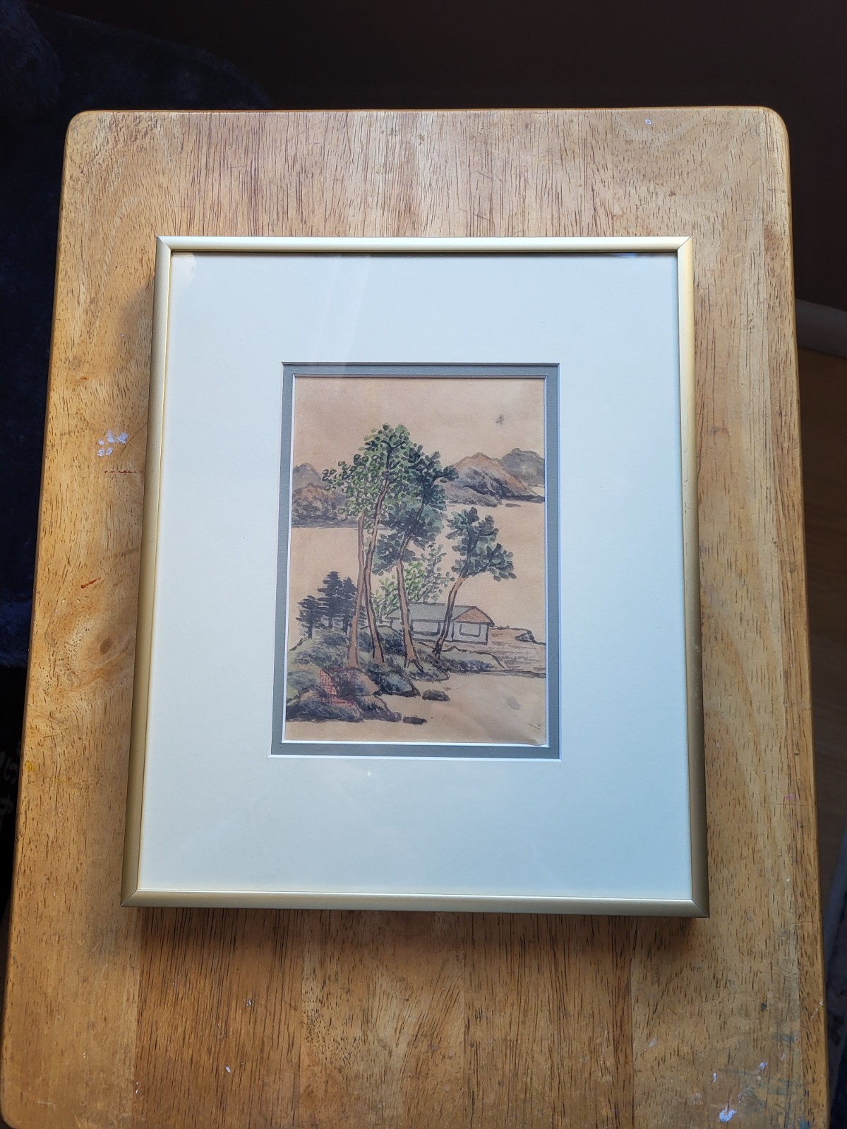 CHINESE LANDSCAPE SCENE PAINTING RED SEAL MARK FRAMED GOLD FRAME