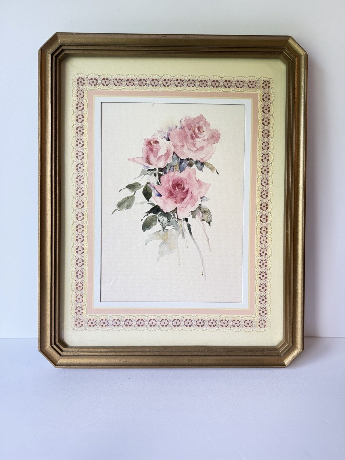 Vintage Gold Framed Floral Watercolor Art With Pink Rose Bouquet & Ornate Lace