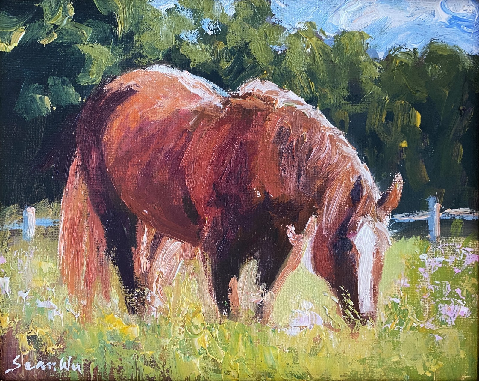 Impressionist Original Oil Painting – Horse grazing in meadow- Ornate Gold Frame