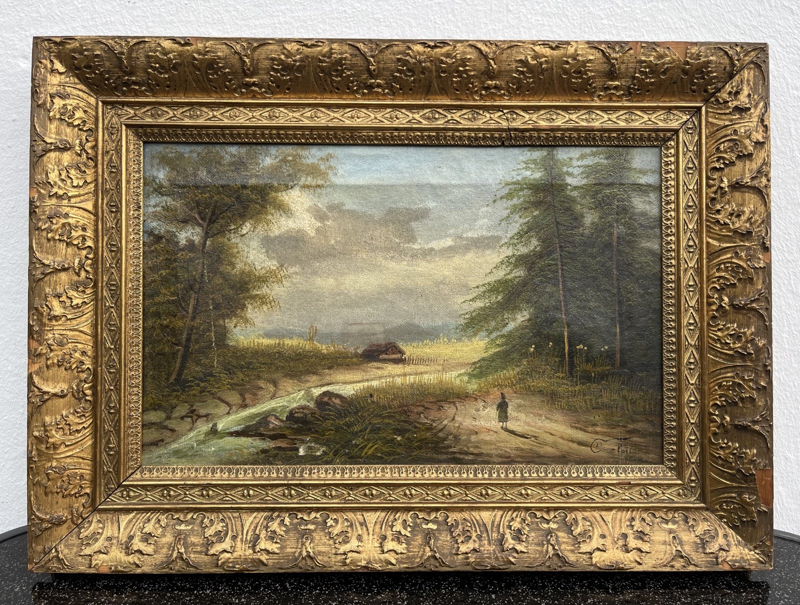 Impressionist Forest Landscape With Cottage And Person Oil Painting 19th Century