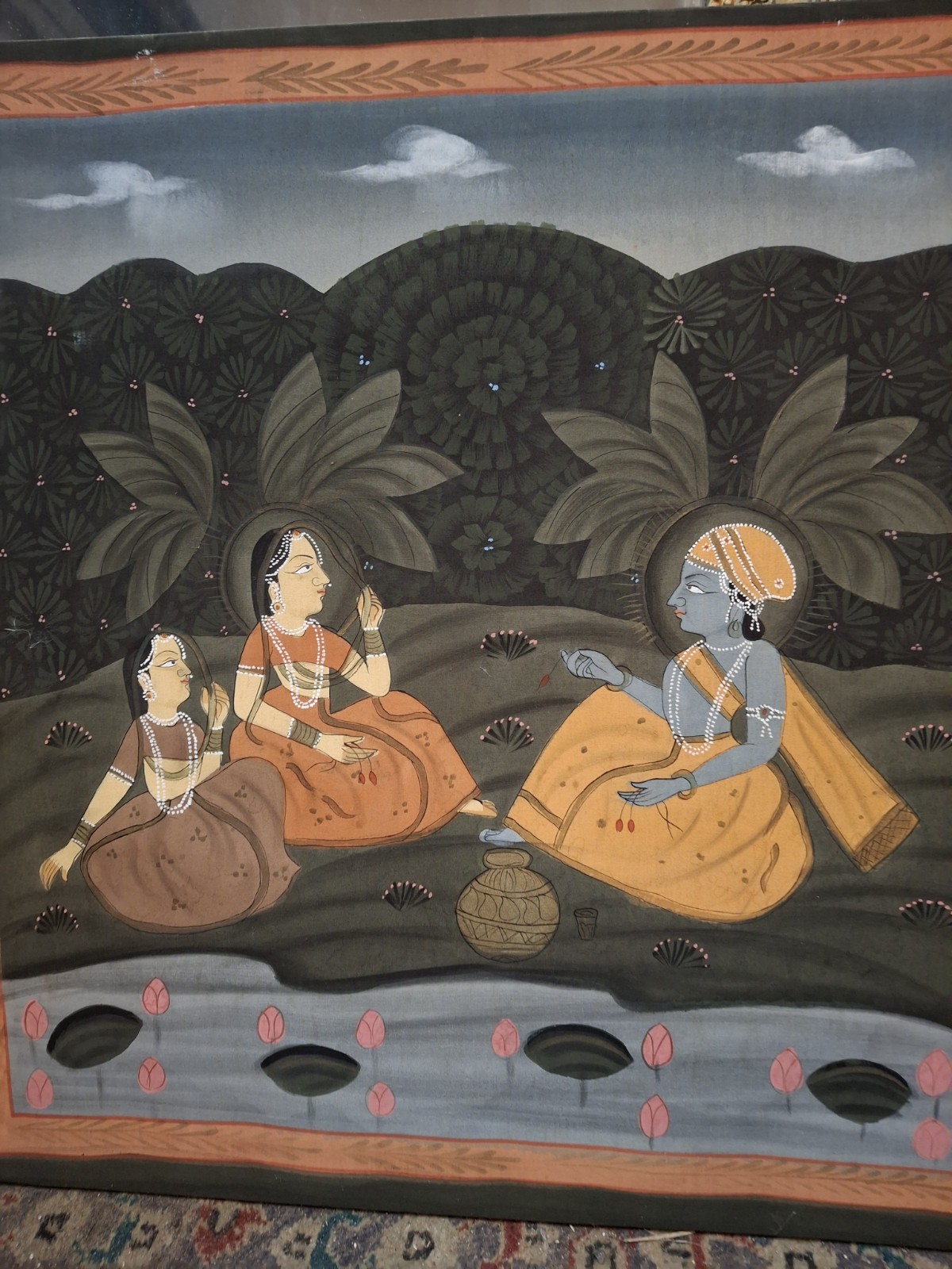 Vintage Indian Painting 24×24 On Cloth | Romantic Courtyard Scene | Mughal