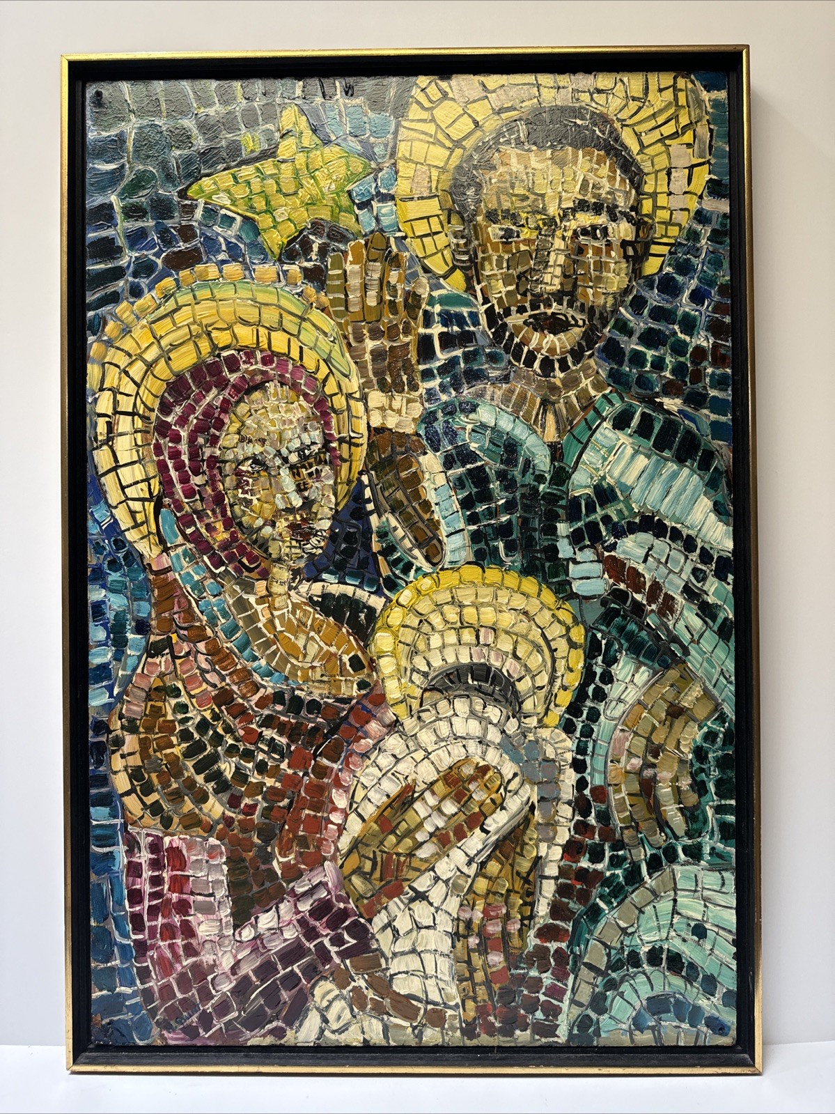 LARGE MID CENTURY PAINTING ICONIC PORTRAIT POINTILLISM MOSAIC STYLE ICON VINTAGE