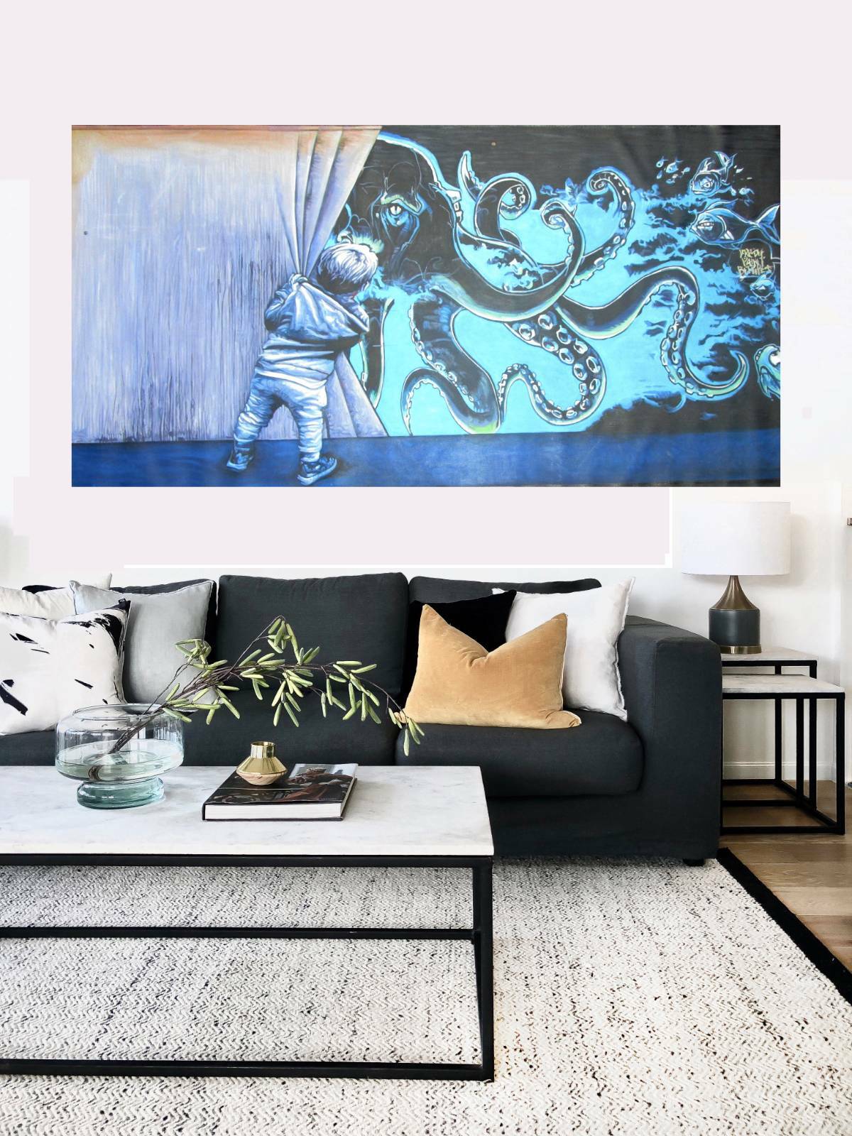 Boy behind curtain street art wall décor canvas graffiti print painting octopus
