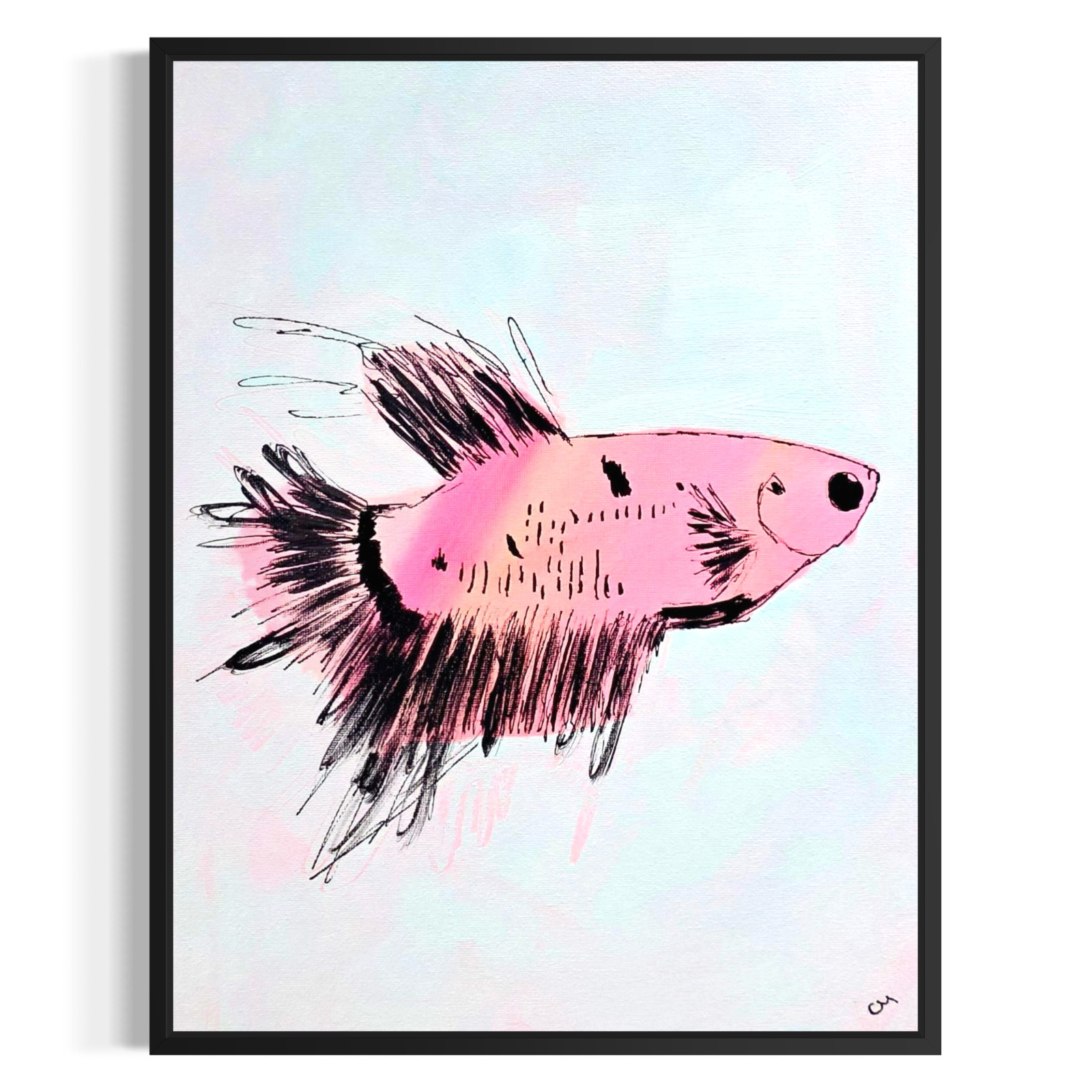 Original Abstract 11×14 Beta Fish Acrylic Pink Blue Painting Wall Art Home Decor