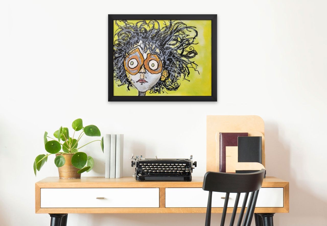 Abstract Portrait Painting Framed Canvas Expressionist Face Yellow Background