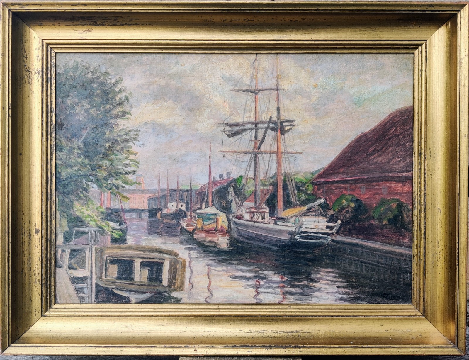 SAILING BOATS IN CITY CANAL, original oil painting