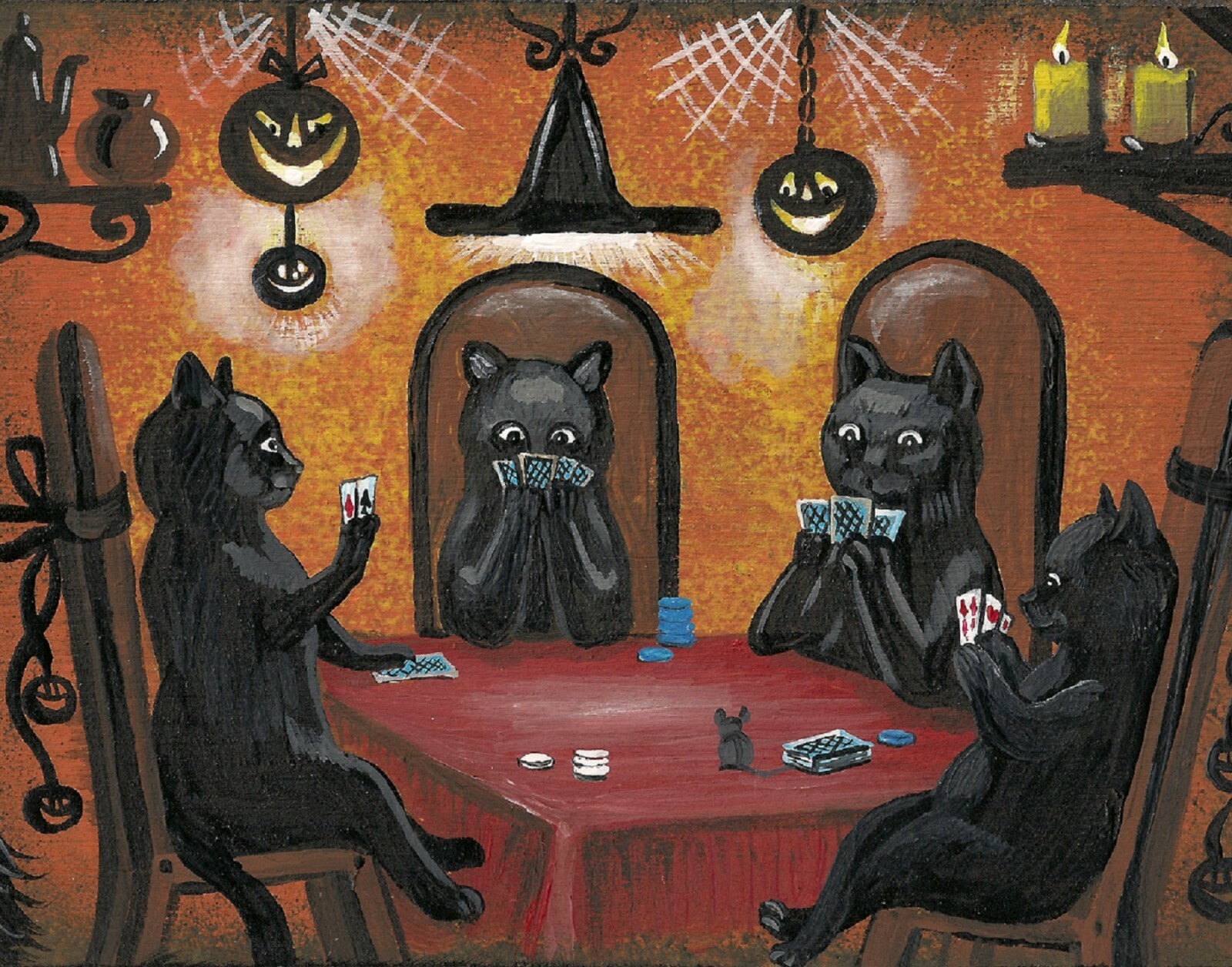 11X14 INCH PRINT OF PAINTING RYTA HALLOWEEN Folk Art Black Cat playing cards odd