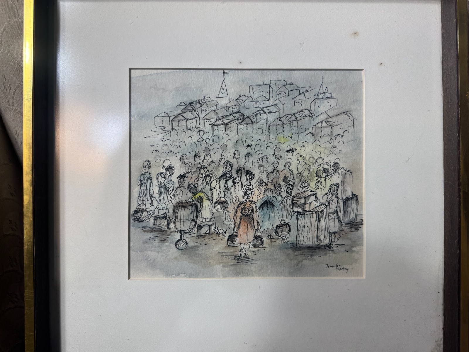 Jennifer Myerberg «Many Figures Scene» Pen, Ink And Watercolor Painting – Framed