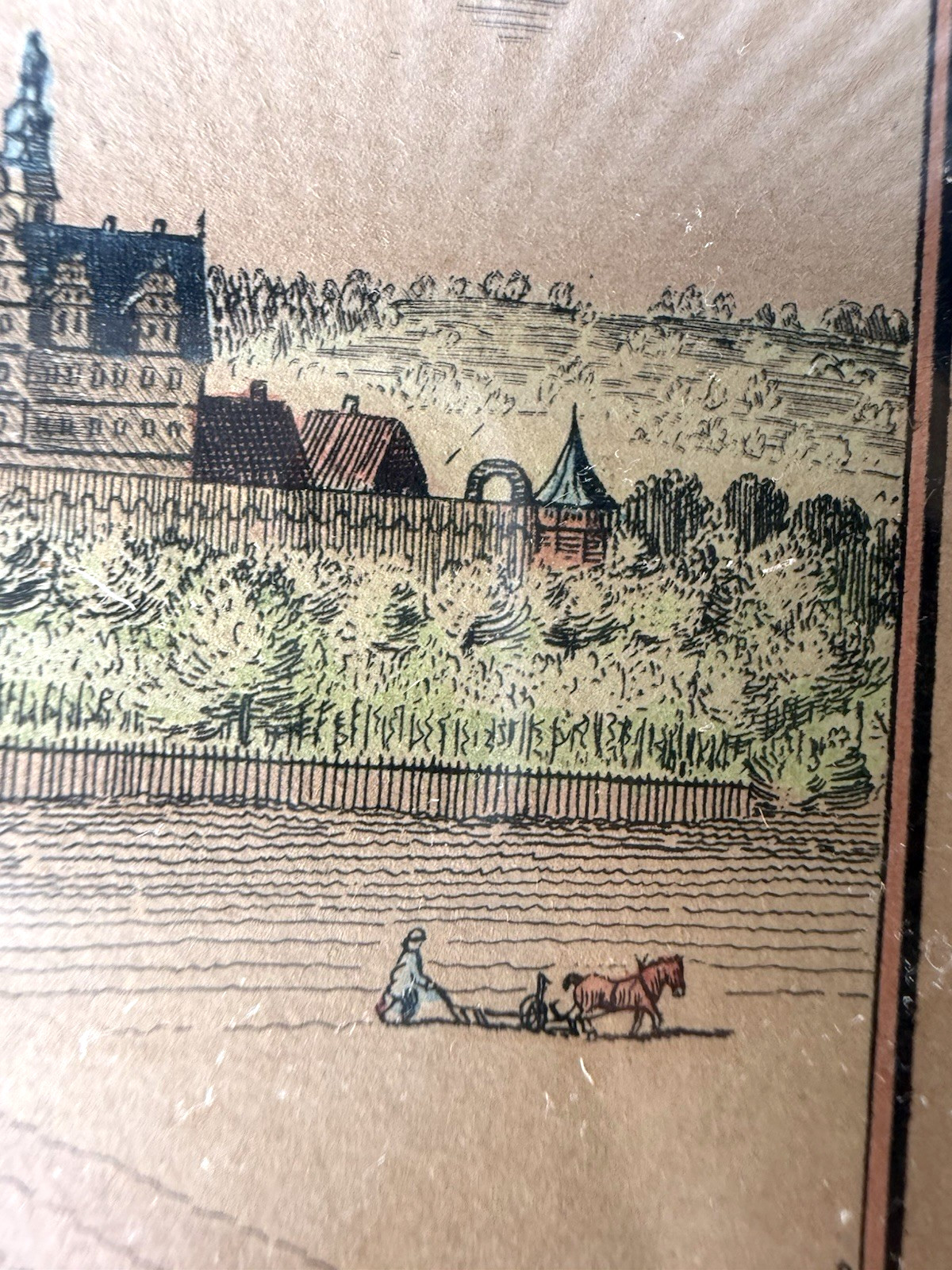 Antique Hand Colored Engraving Wolfsburg Germany Windmill Cityscape 1700s Framed