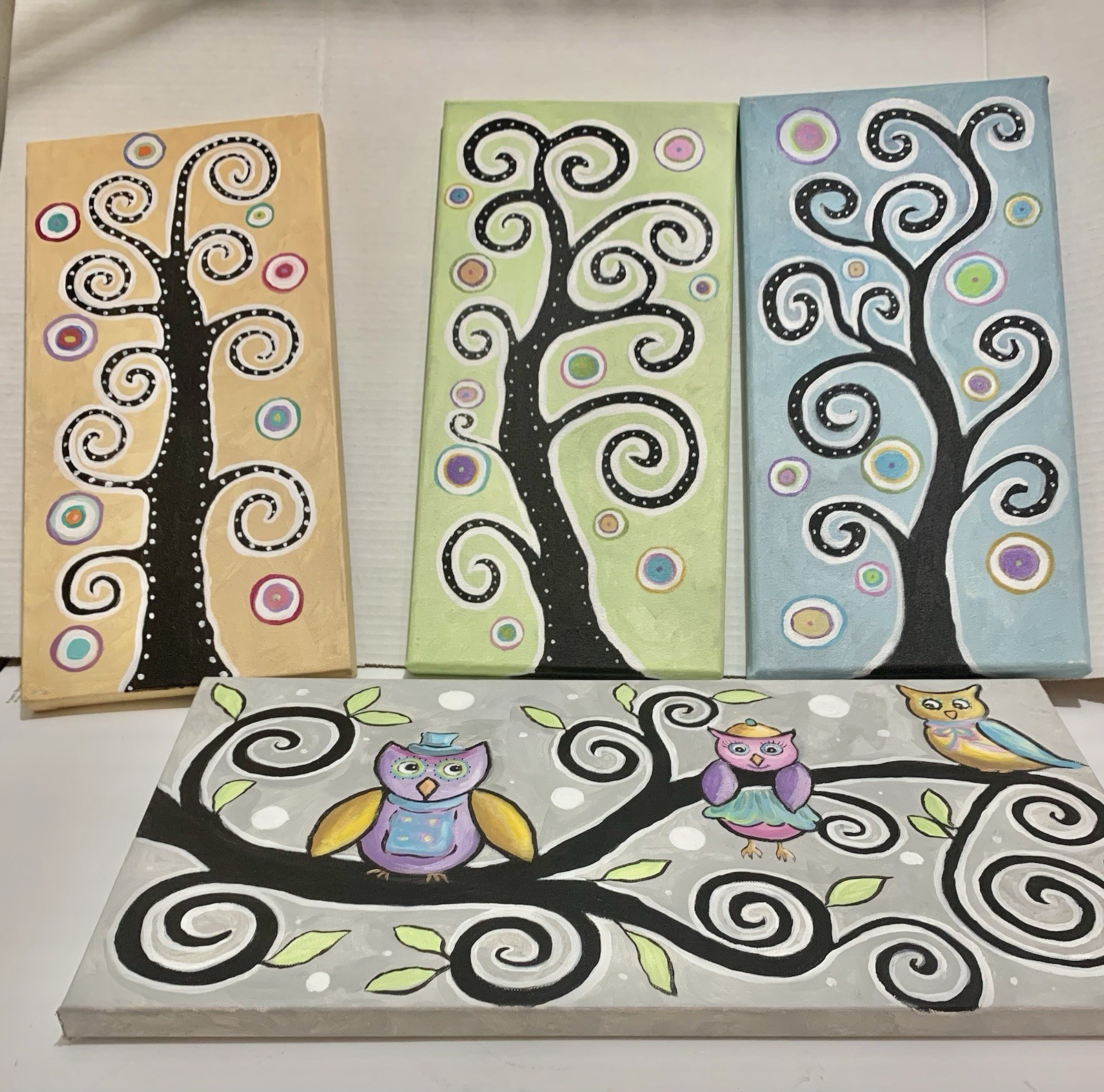 4 Original acrylic on canvas. Local artisan artwork. Owl artwork. Dreamy Unique